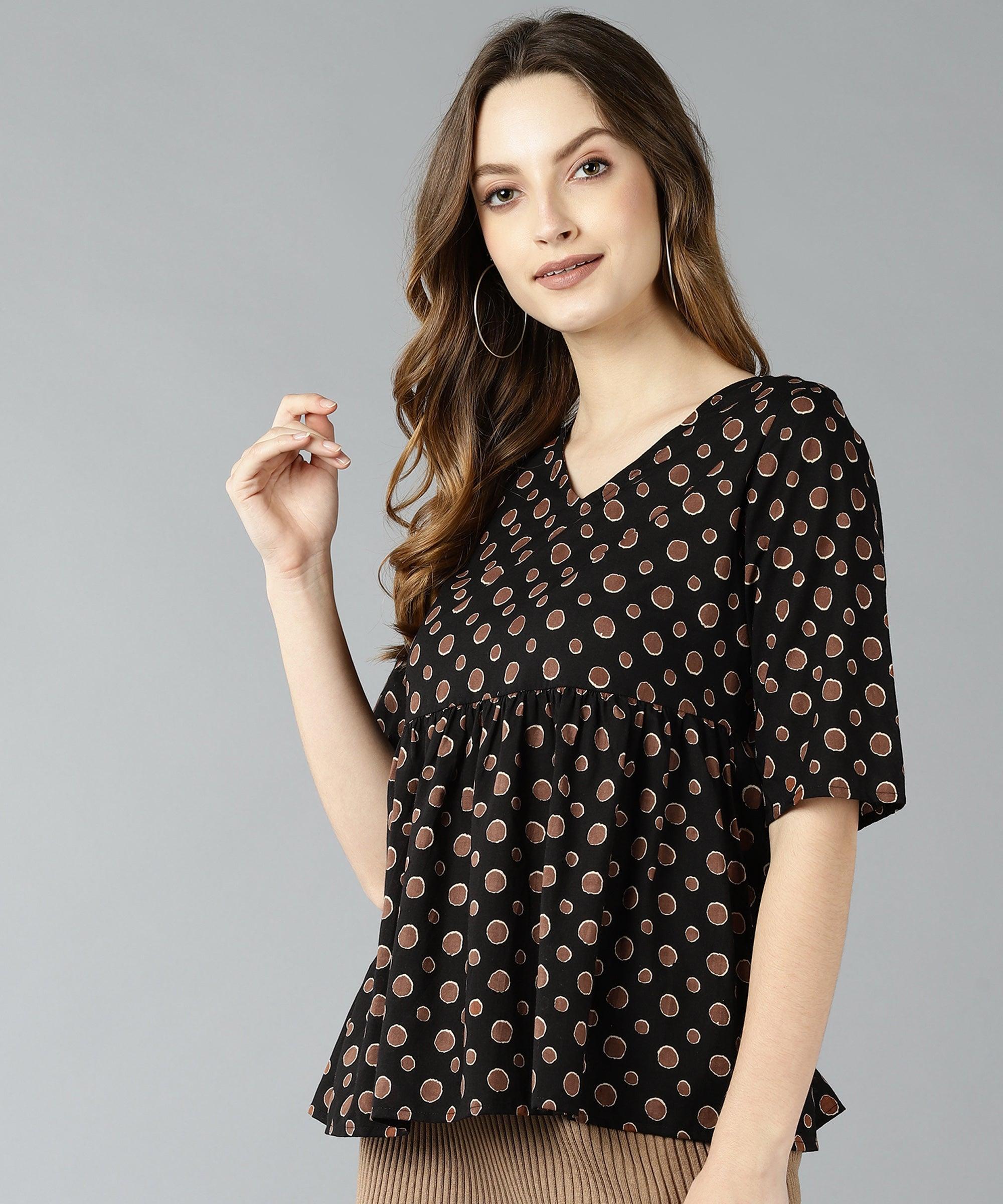 ZNX Women Brown Polka Printed Black Top - Znxclothing