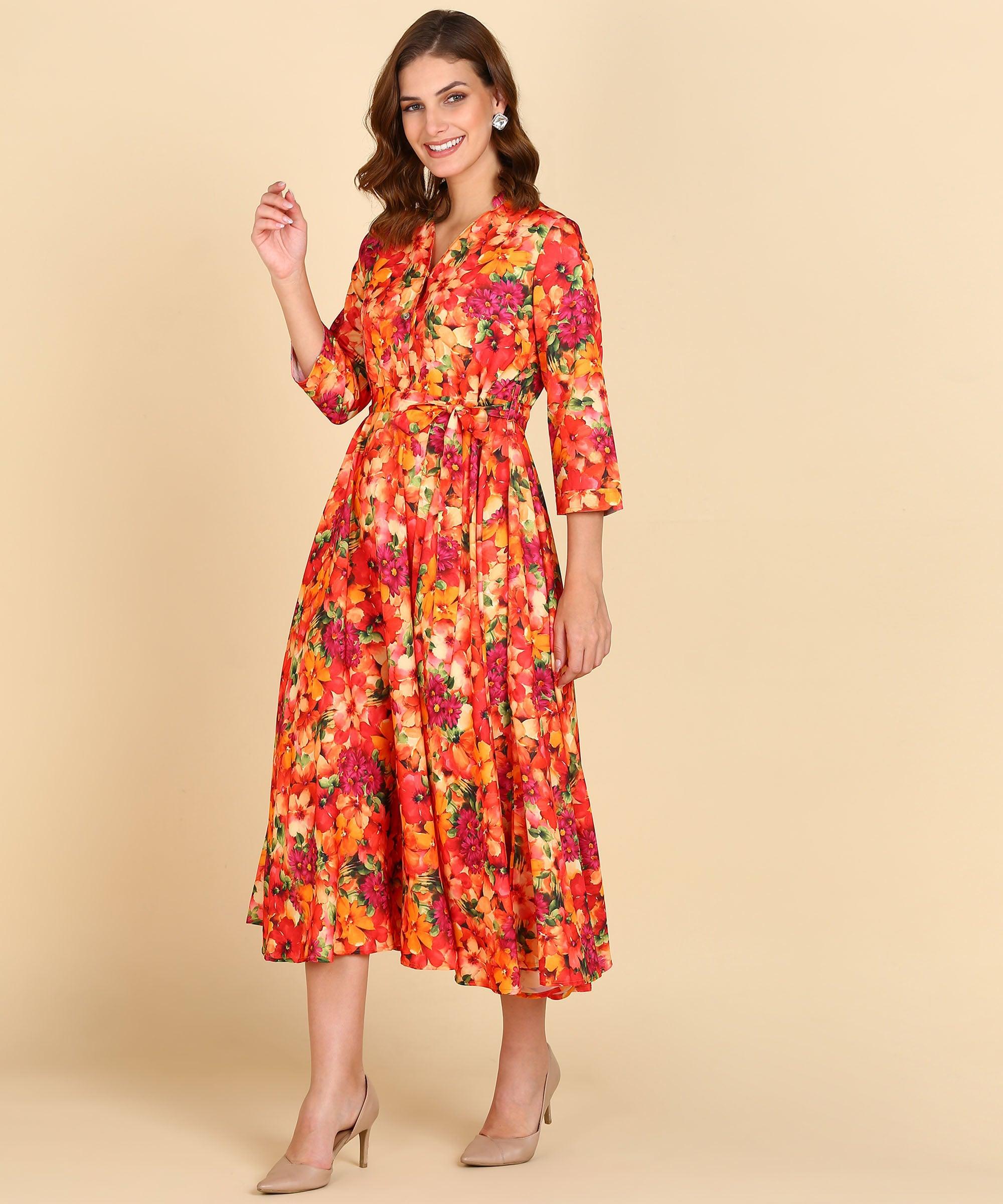 Orange Floral Printed Flared Dress - Znxclothing