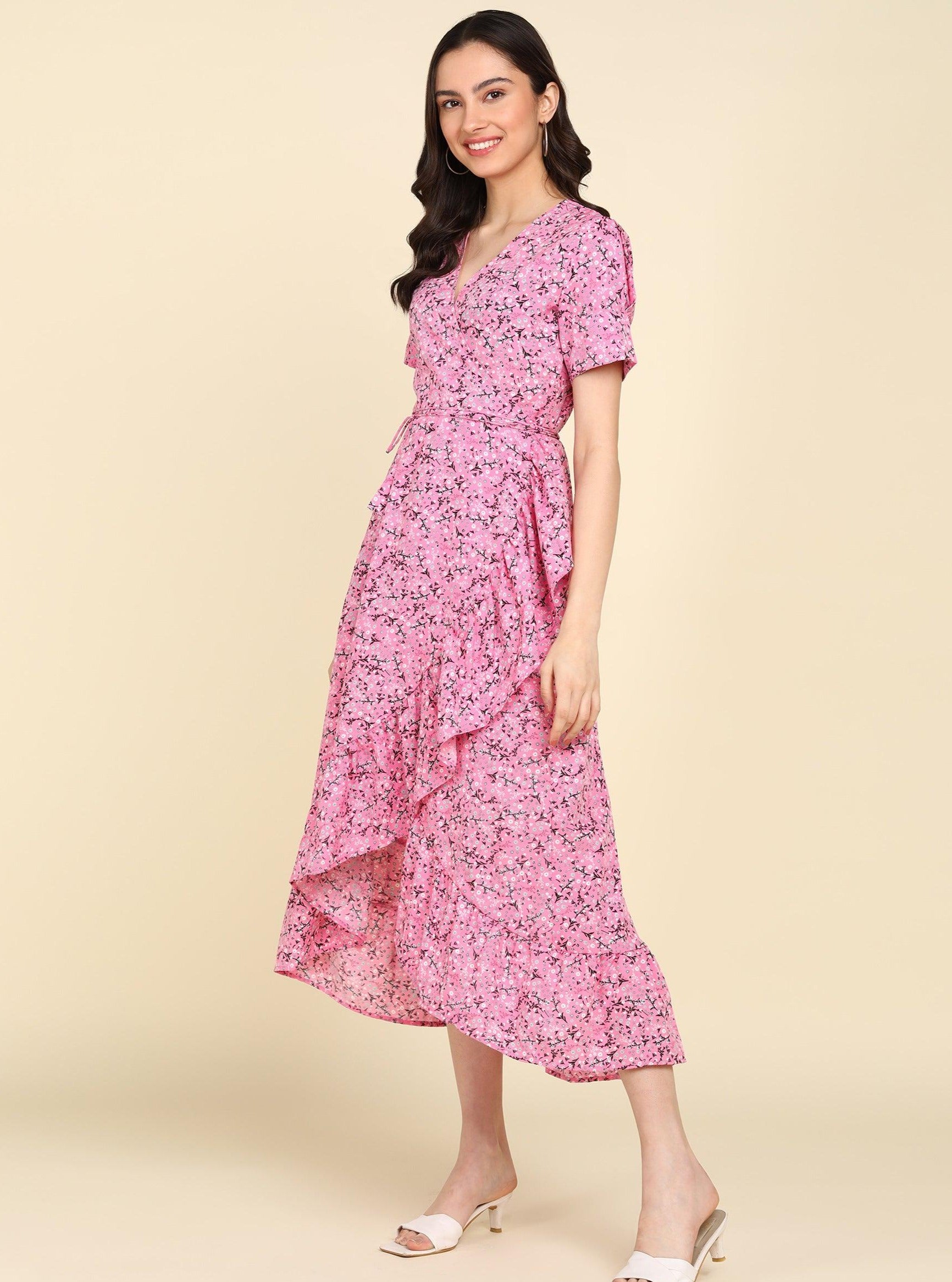 Pink Floral Printed Frill Dress - Znxclothing