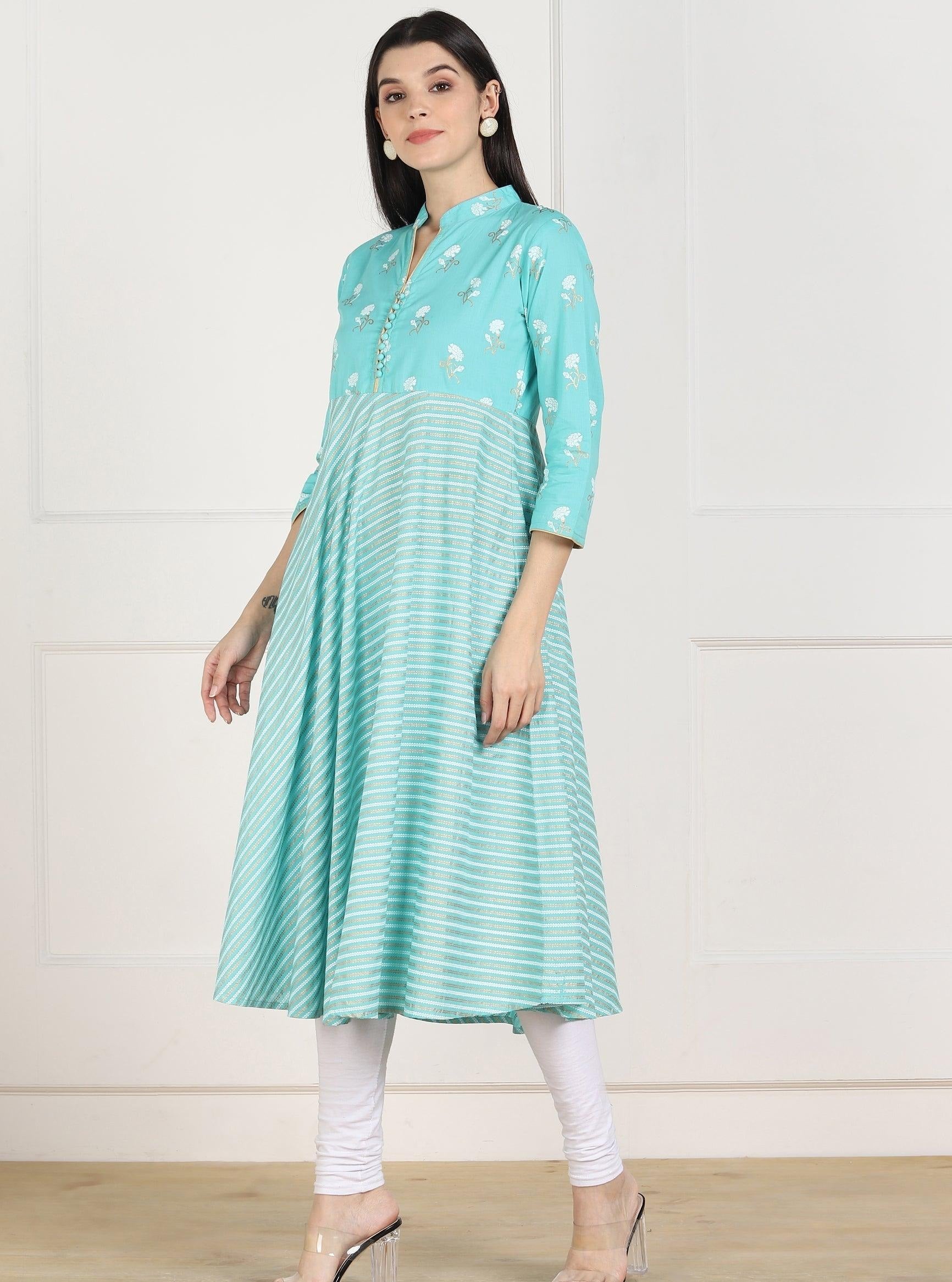 Znx Women Blue Stripe Printed Flared Kurta - Znxclothing