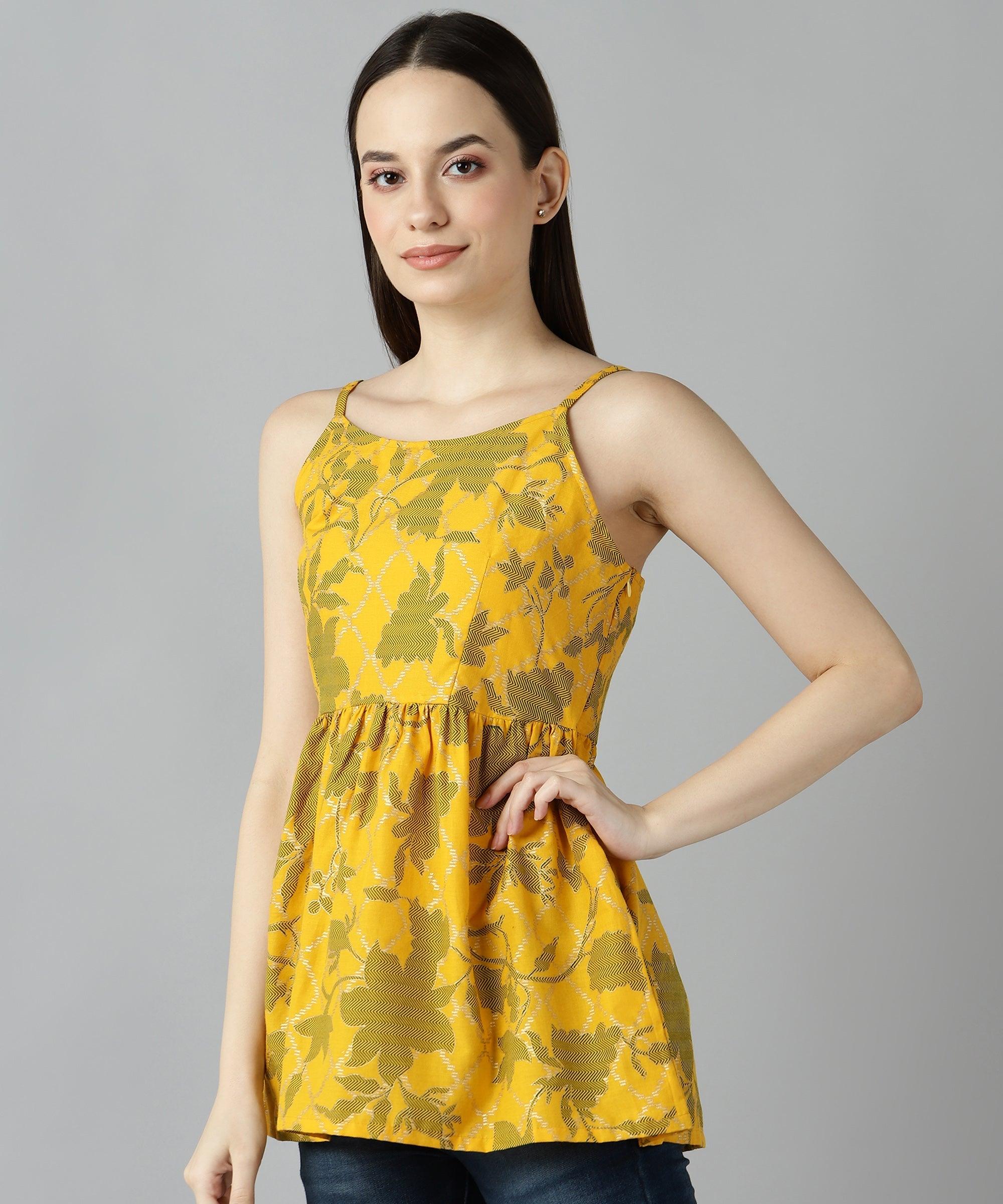 Znx Women Yellow Gold Printed Top - Znxclothing