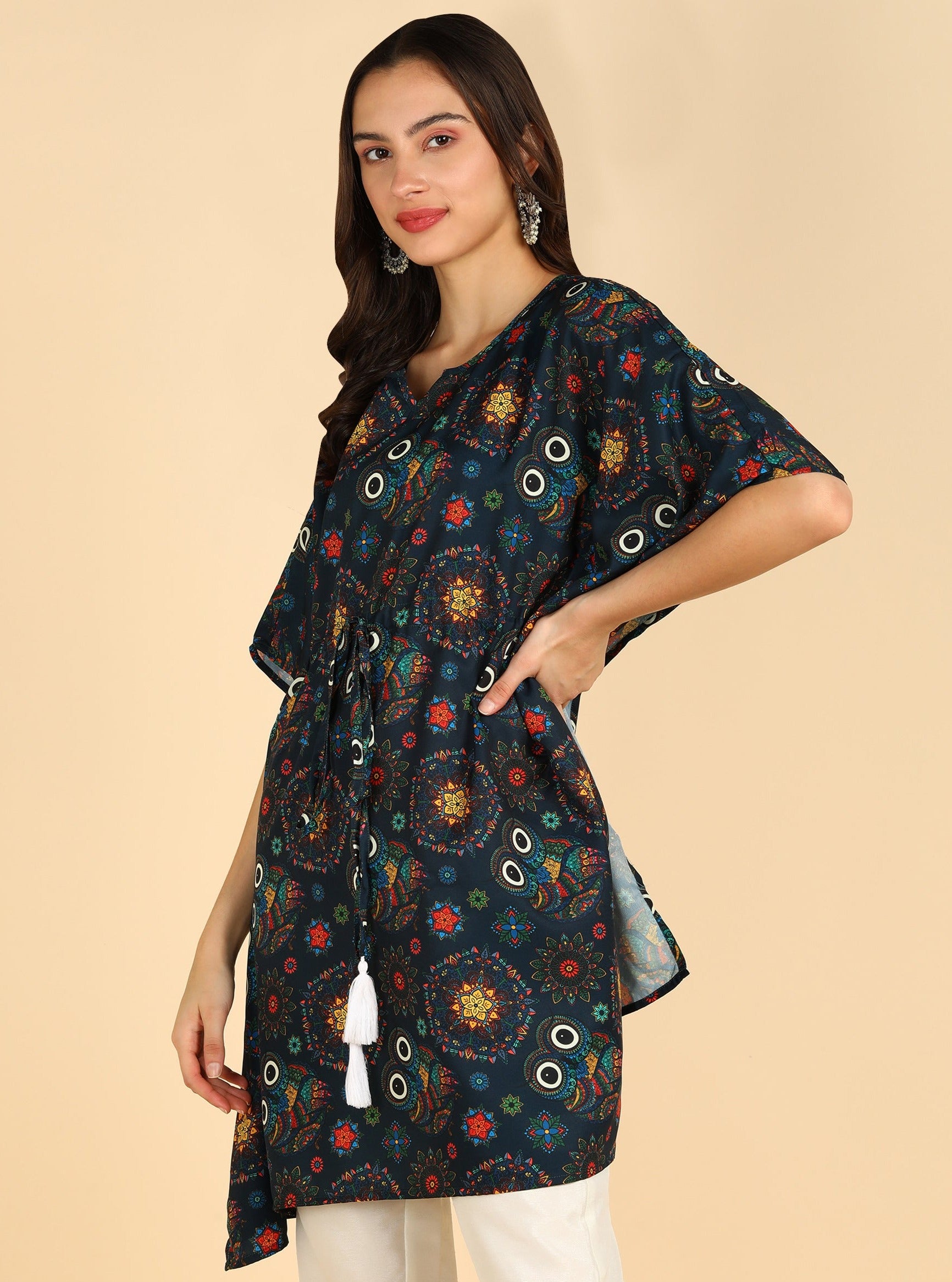 Floral & Owl Eyes Printed Black Kaftan Kurta