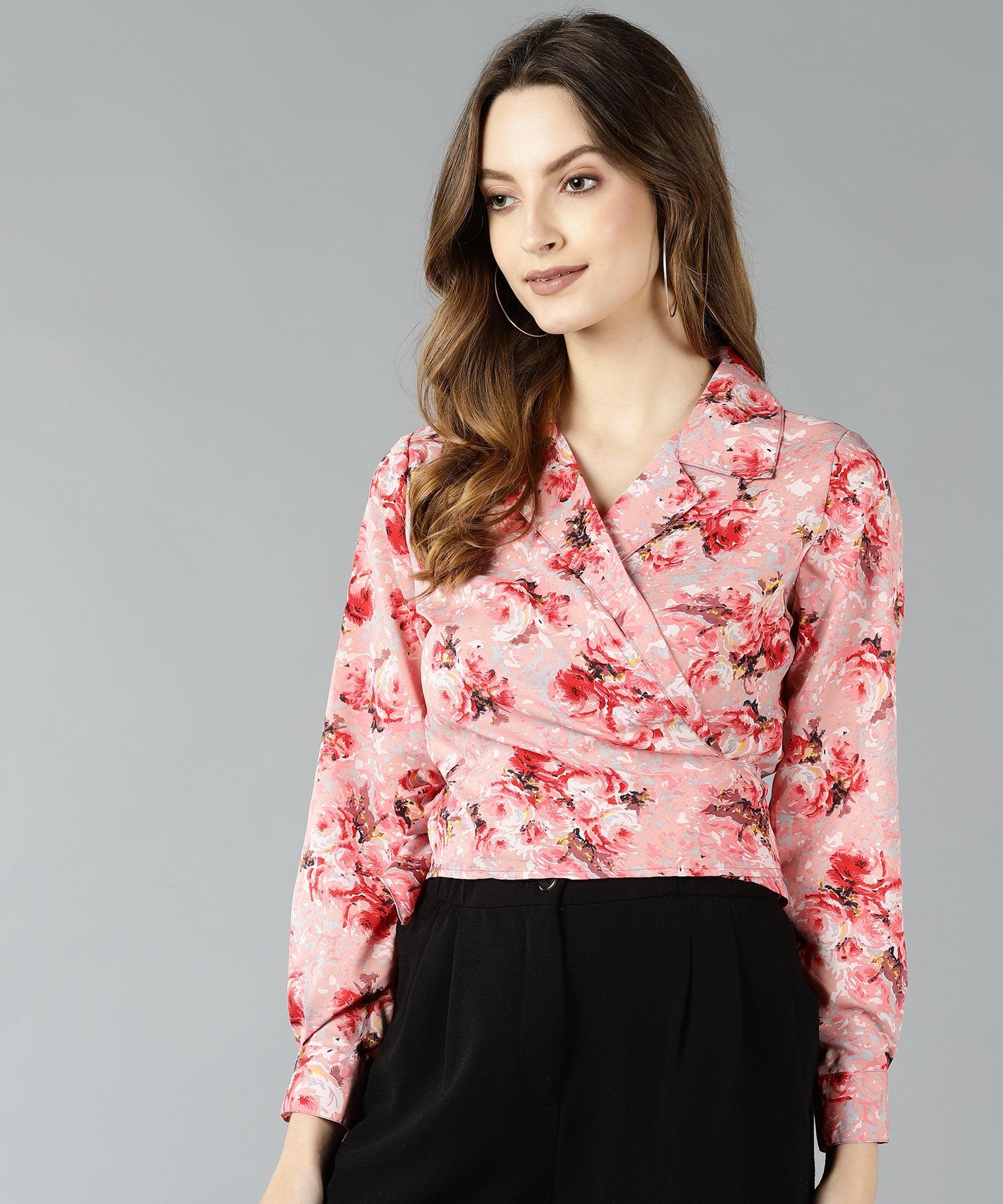 Znx Women Pink Floral Printed Wrap Top - Znxclothing