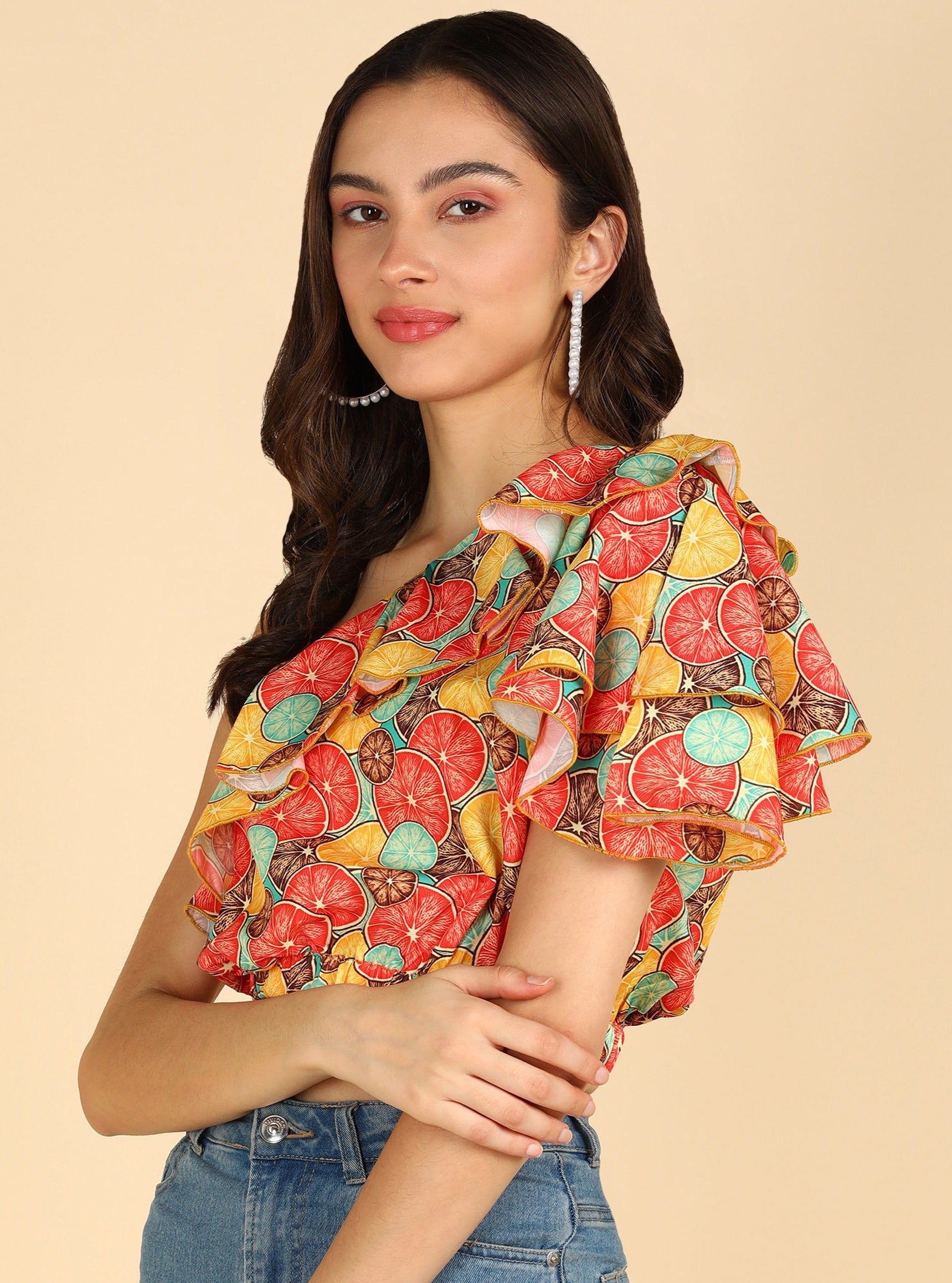 Orange Printed One Shoulder Stylish Sleeve Top