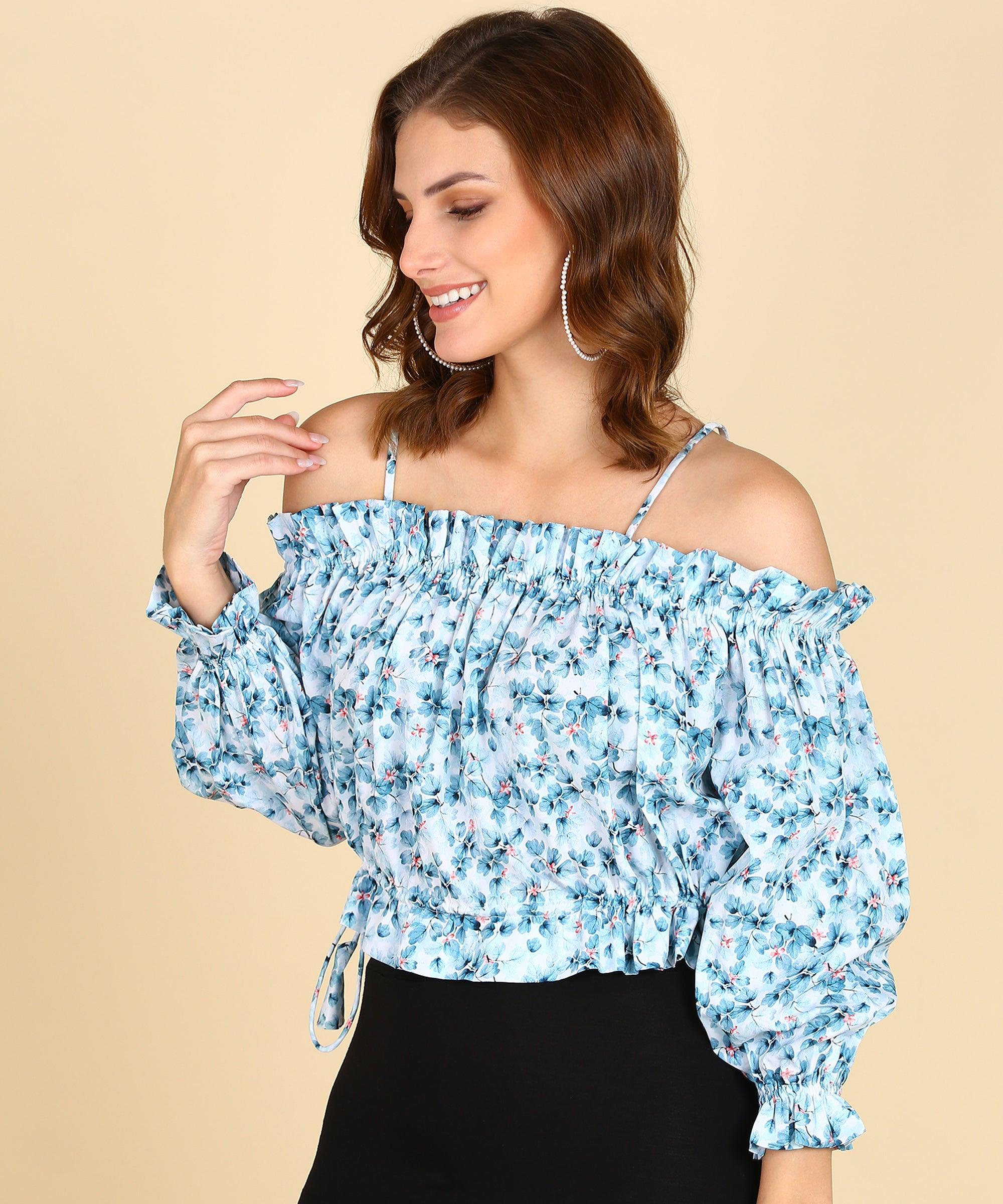 Sky Blue Floral Printed Bardot Top - Znxclothing