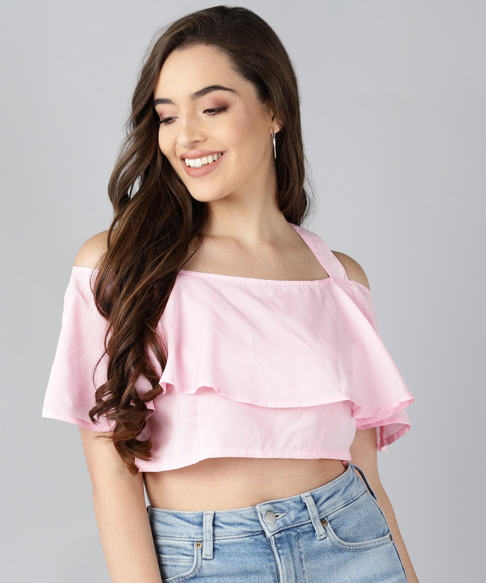 Women Baby Pink Shoulder Straps Top - Znxclothing