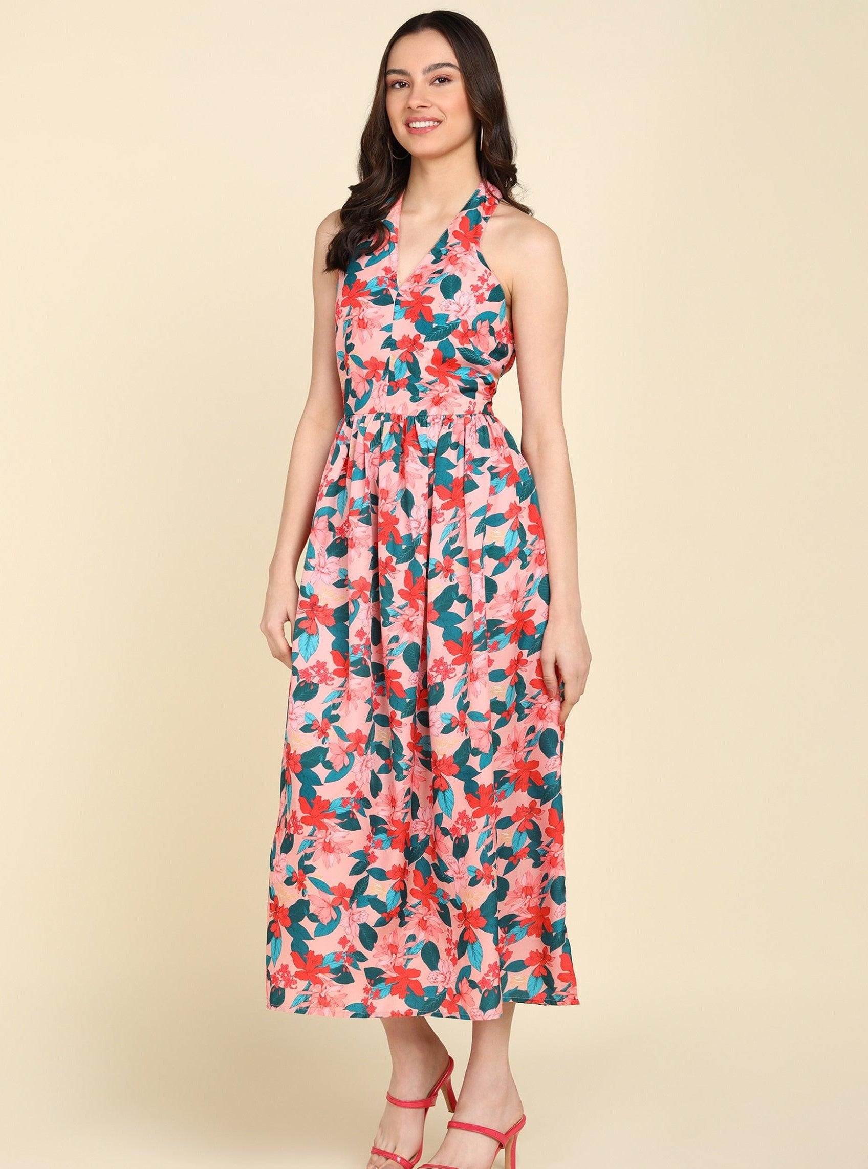 Red & Green Floral Printed Halter Neck Dress - Znxclothing