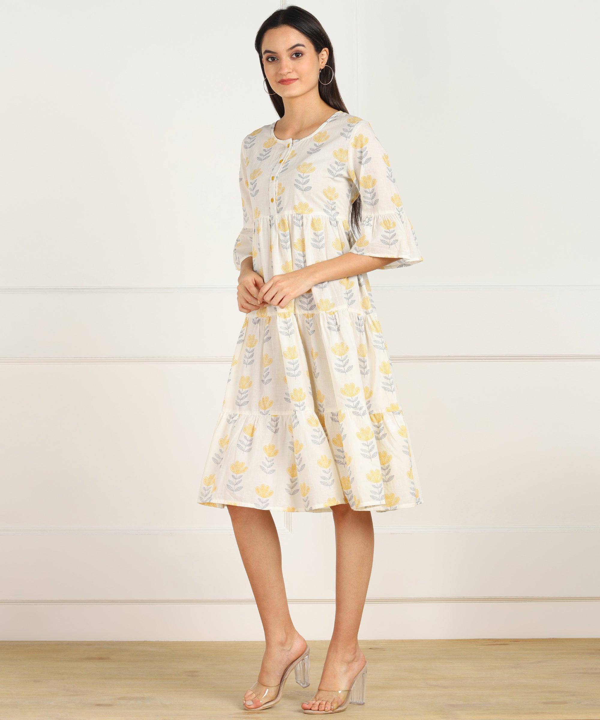 Znx White Yellow Floral Printed Flared Dress - Znxclothing
