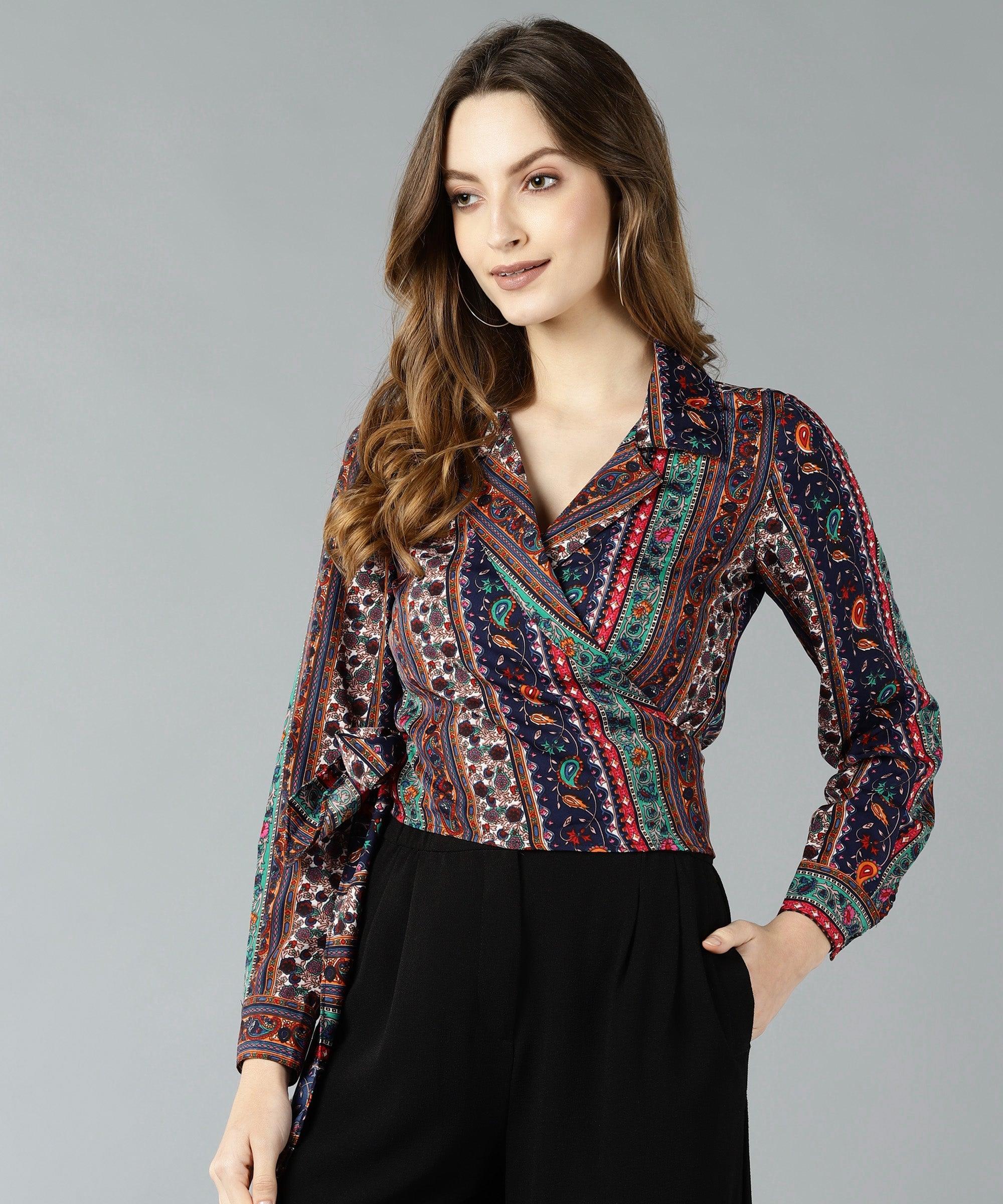 Znx Women Multi Color Geometric Printed Wrap Top - Znxclothing