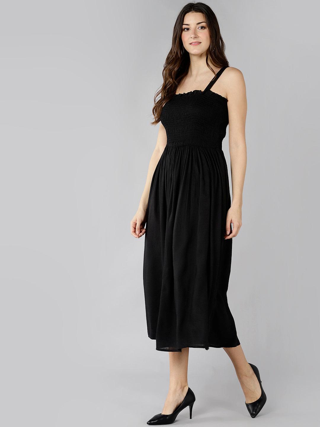 Znx Women Solid Black Smocking Dress - Znxclothing
