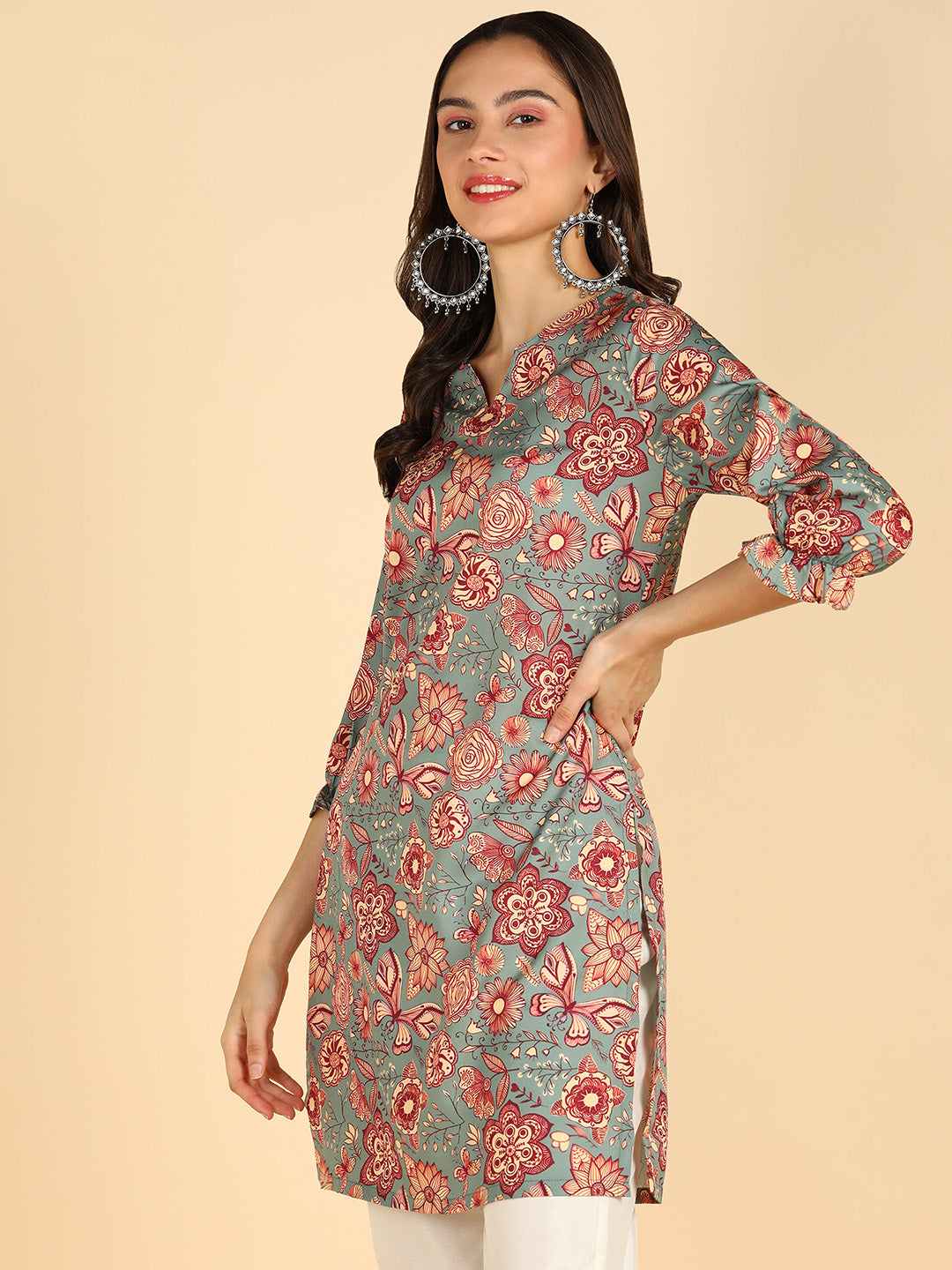 Floral Printed Green Straight Kurti