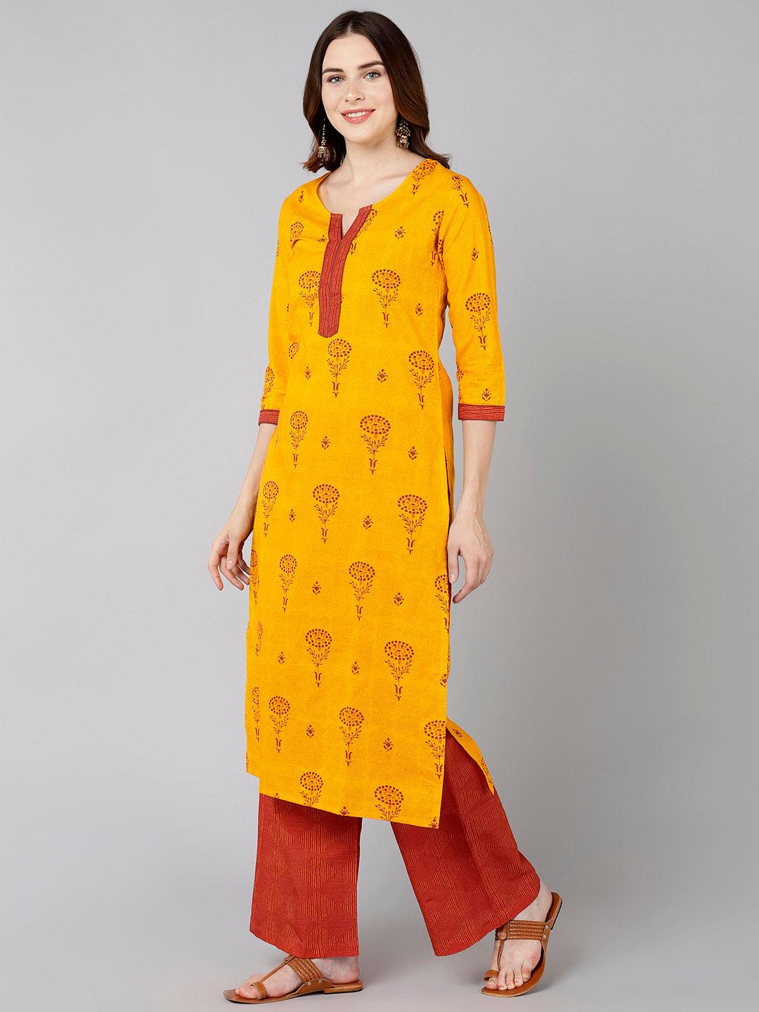 Red Floral Printed Yellow Kurta With Palazzo - Znxclothing
