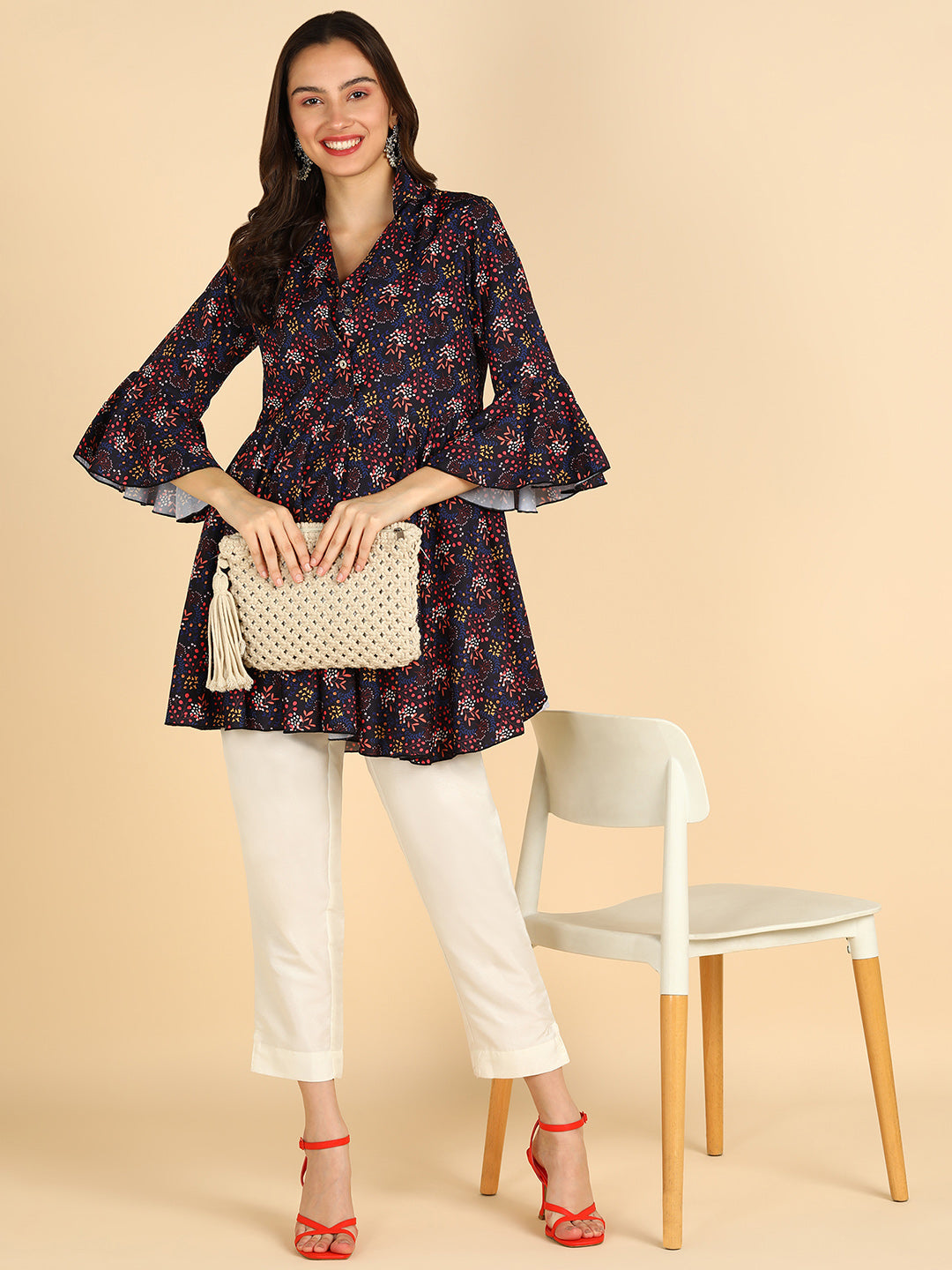 Blue Floral Printed Bell Sleeve Top