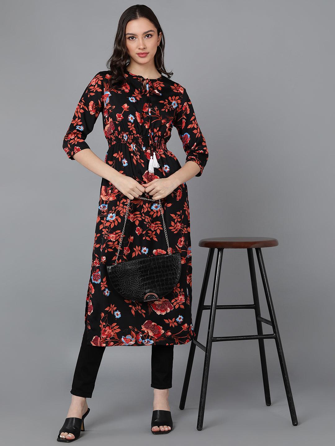 Rust Floral Printed Black Straight Kurti - Znxclothing