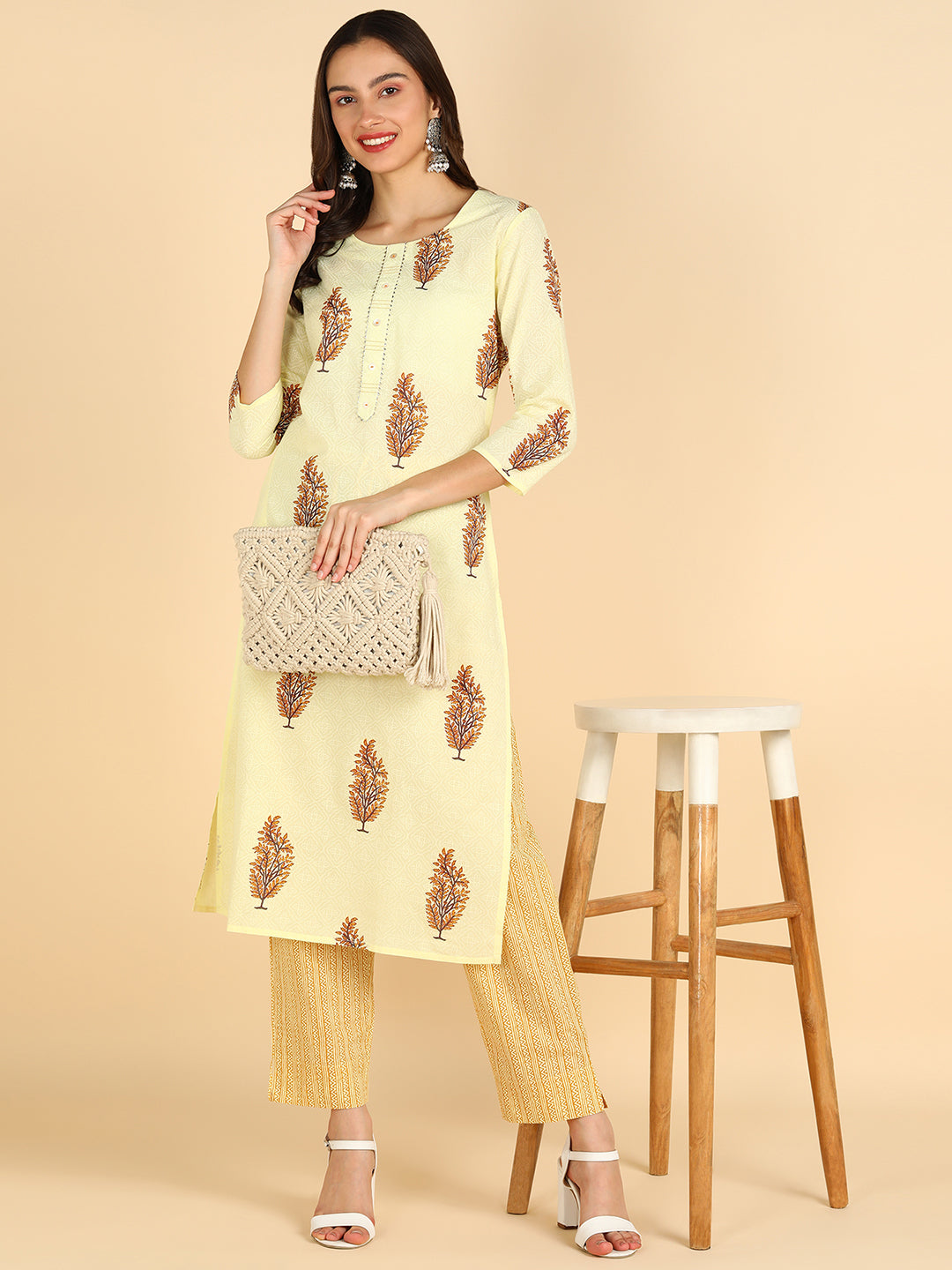 Women Yellow Printed Pure Cotton Kurta With Trousers