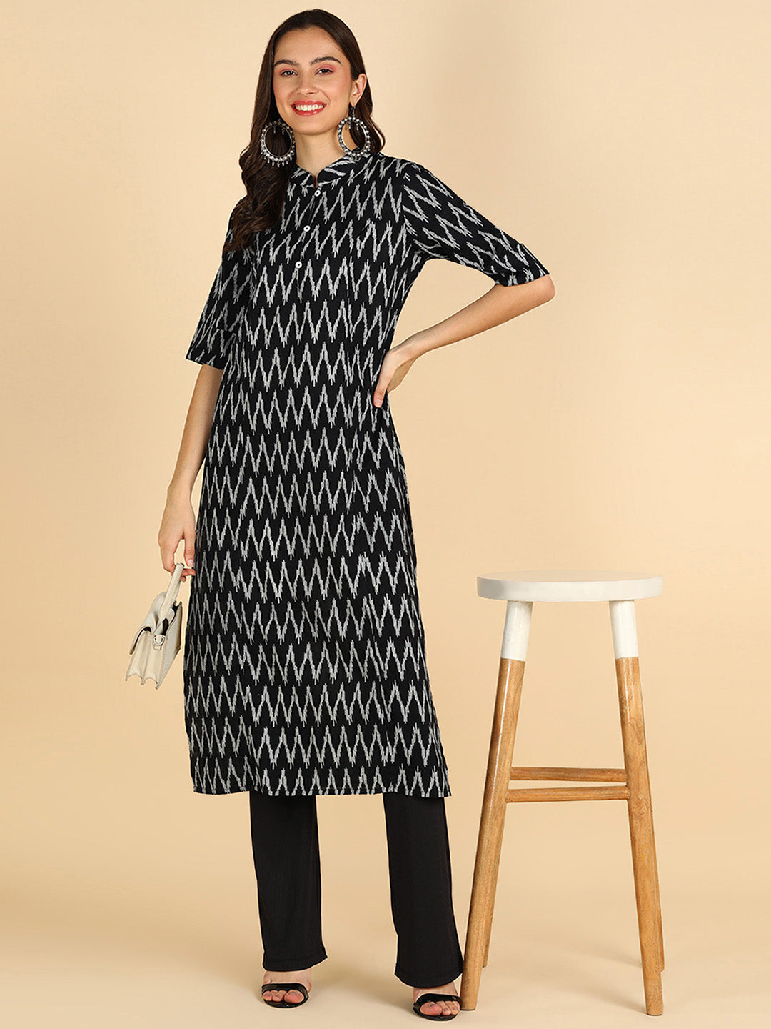 Zig-Zag Printed Black Princes Cut Kurta