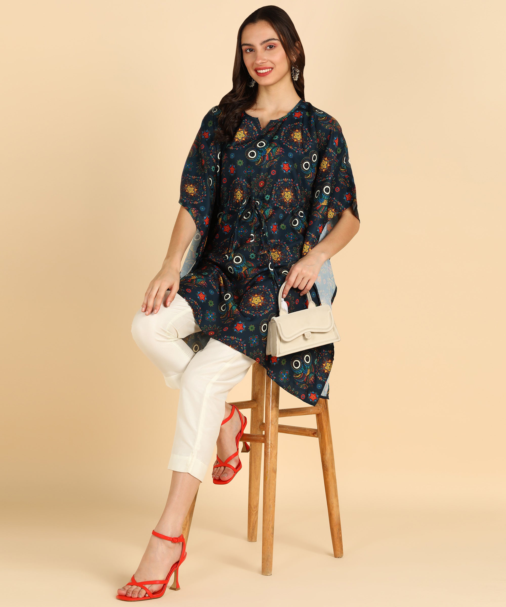 Floral & Owl Eyes Printed Black Kaftan Kurta