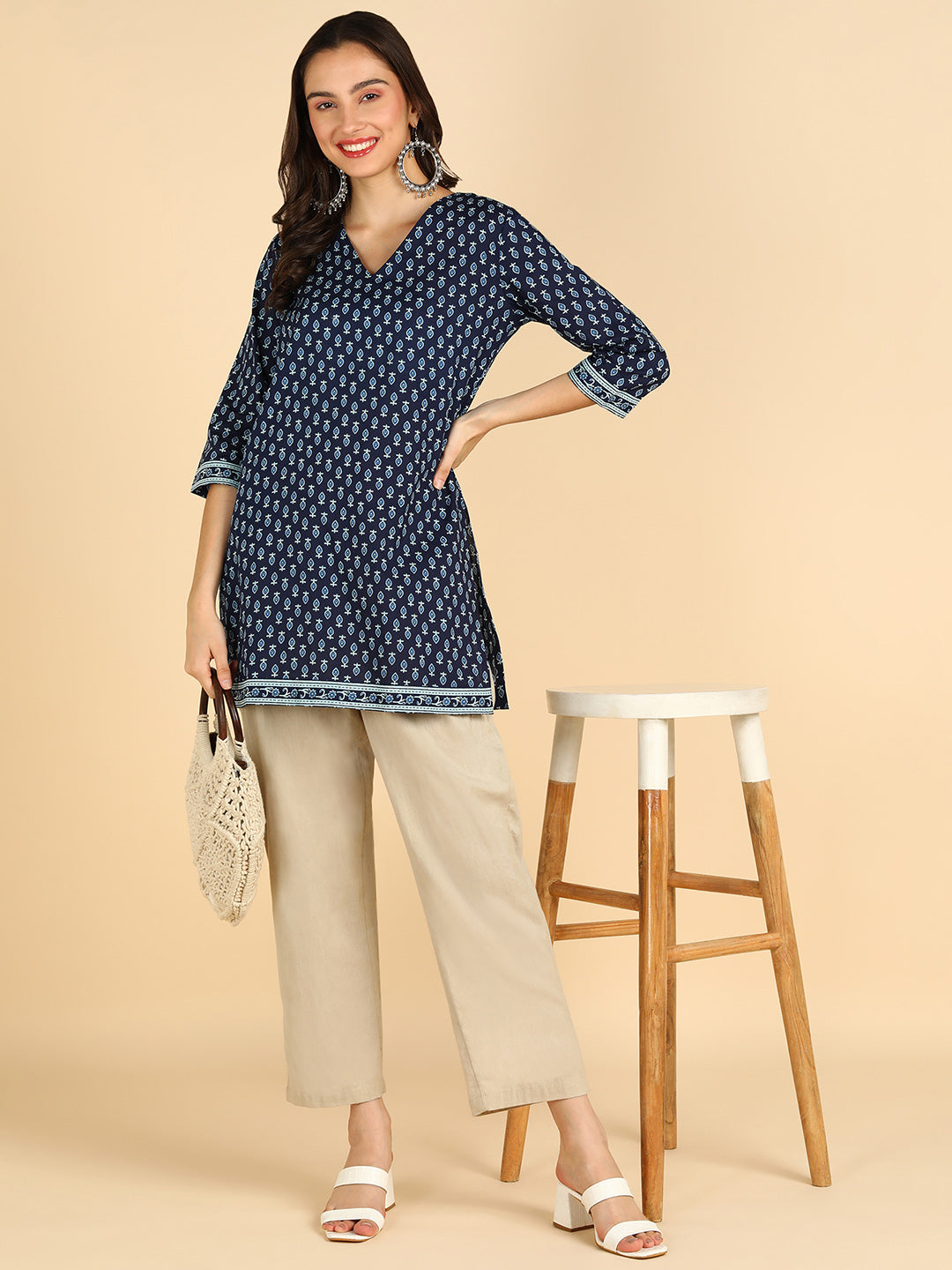 White Floral Printed Blue Straight Kurti With Border Details