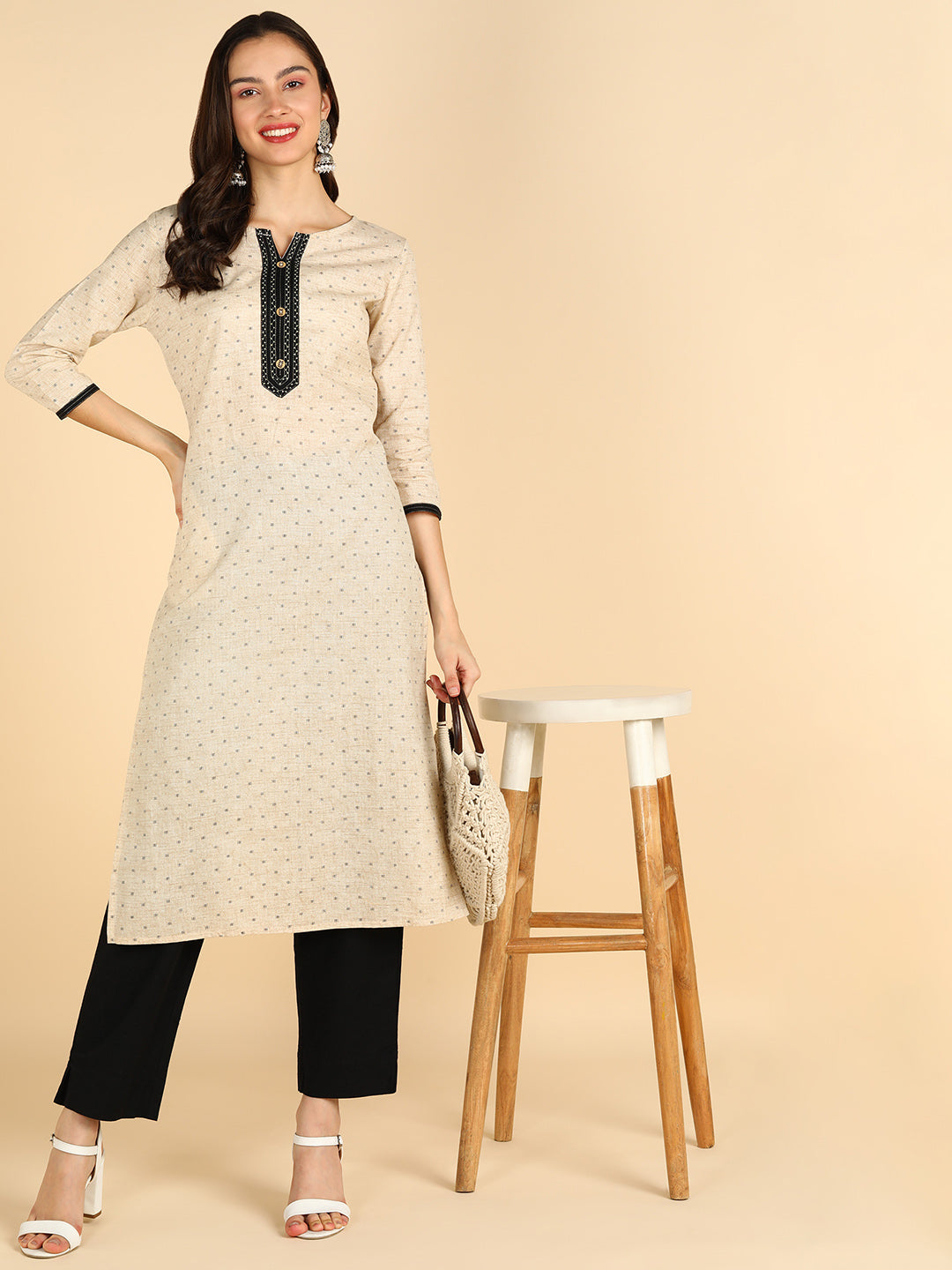 Women Beige & Black Printed Pure Cotton Kurta with Trousers