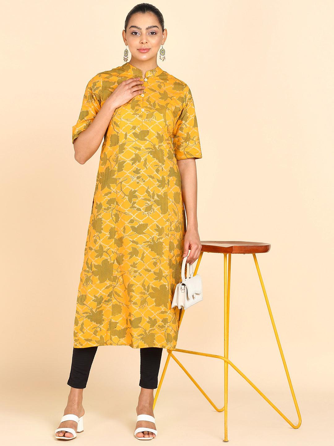 Floral Printed Princess Cut Yellow Straight Kurta - Znxclothing