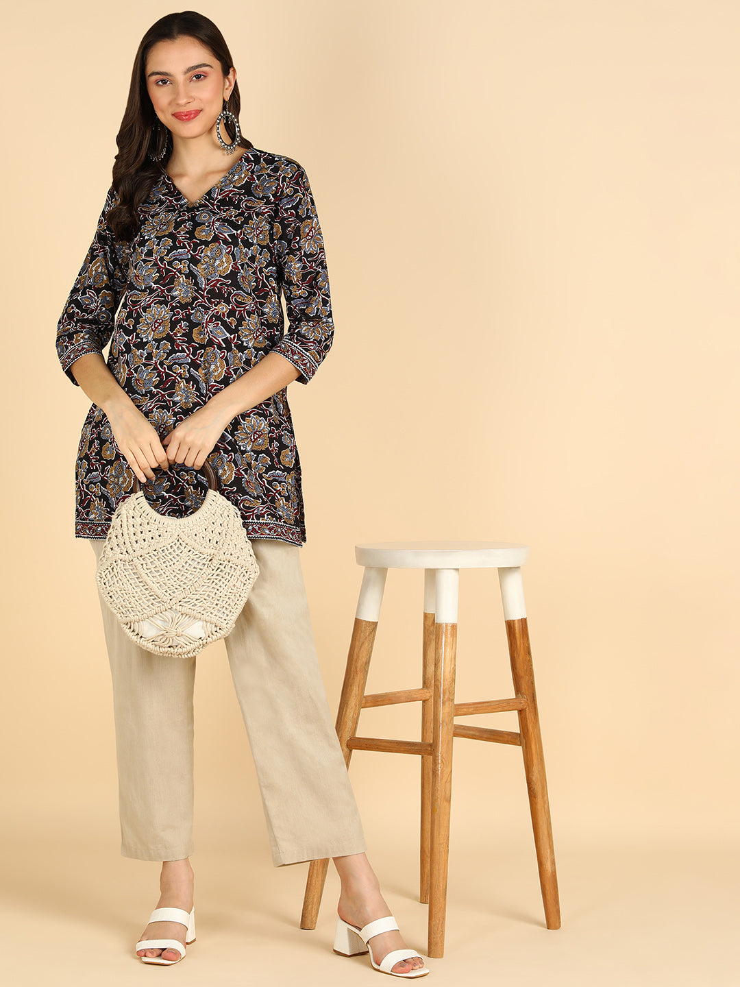 White Floral Printed Black Straight Kurti With Border Details