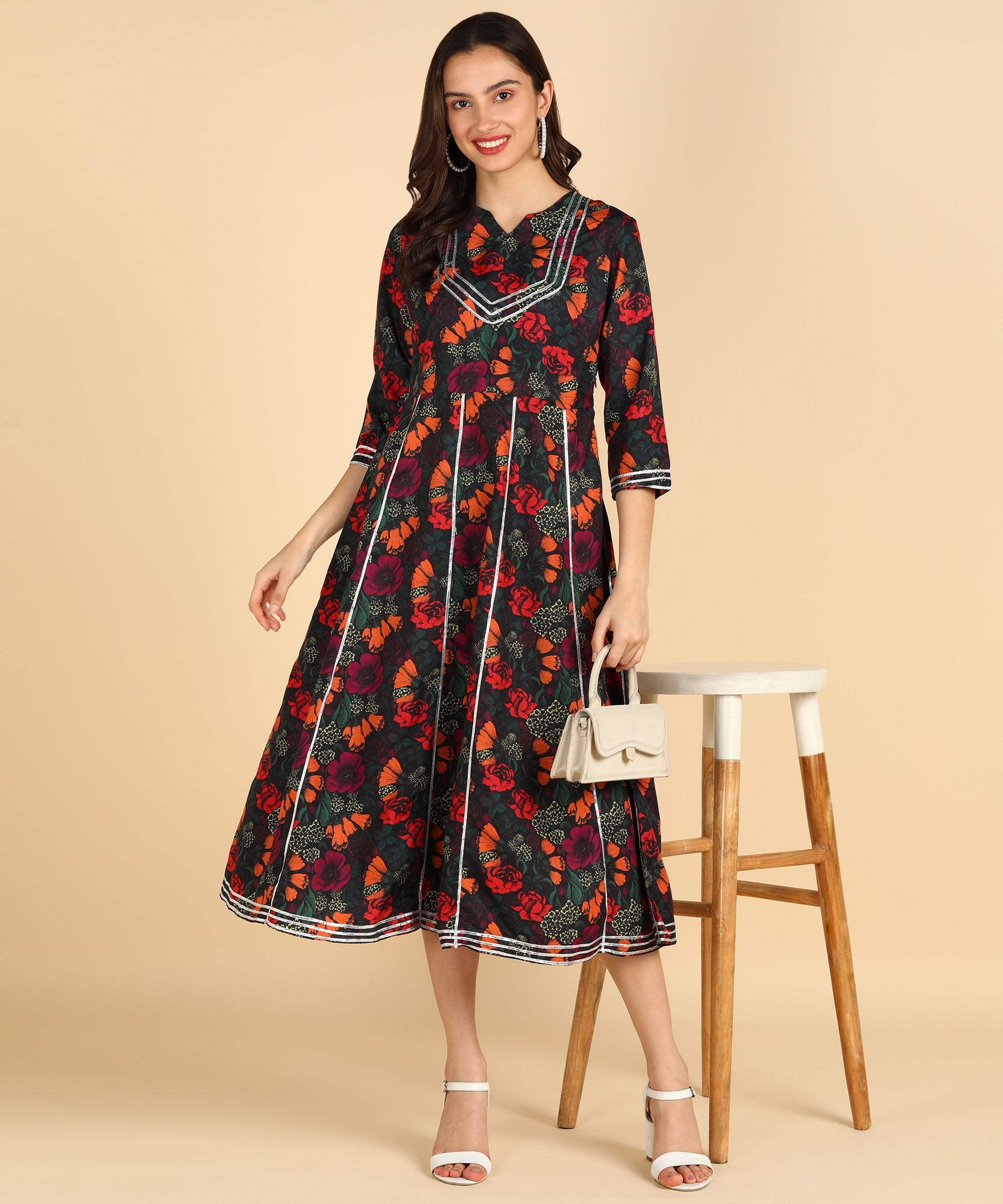 Floral Printed Black Dress With Silver Lace Details