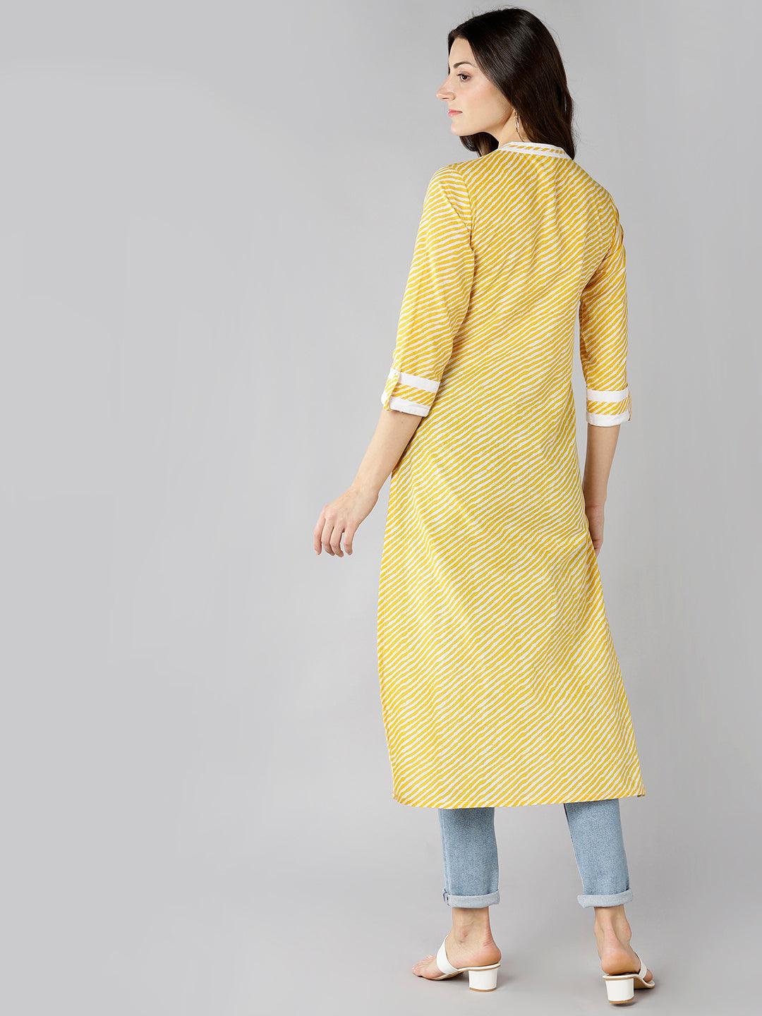 Znx Women Yellow Lehriya Printed Straight Kurti - Znxclothing