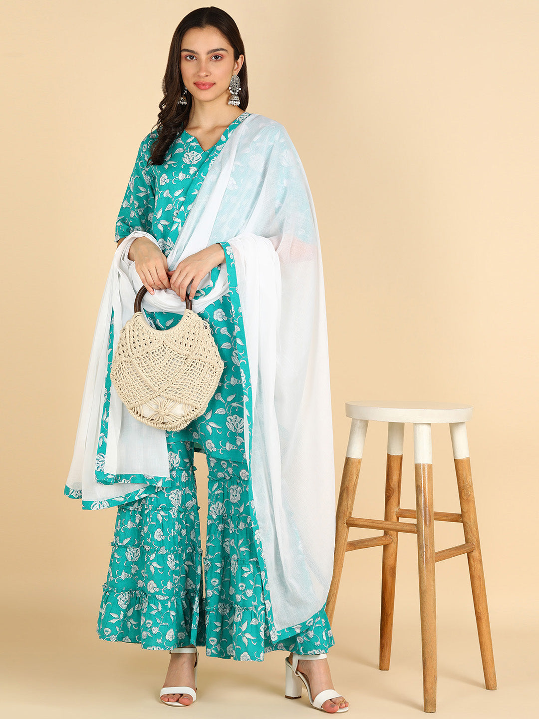 Women Turqouise Ethnic Motifs Printed Pure Cotton Kurta with Sharara & With Dupatta