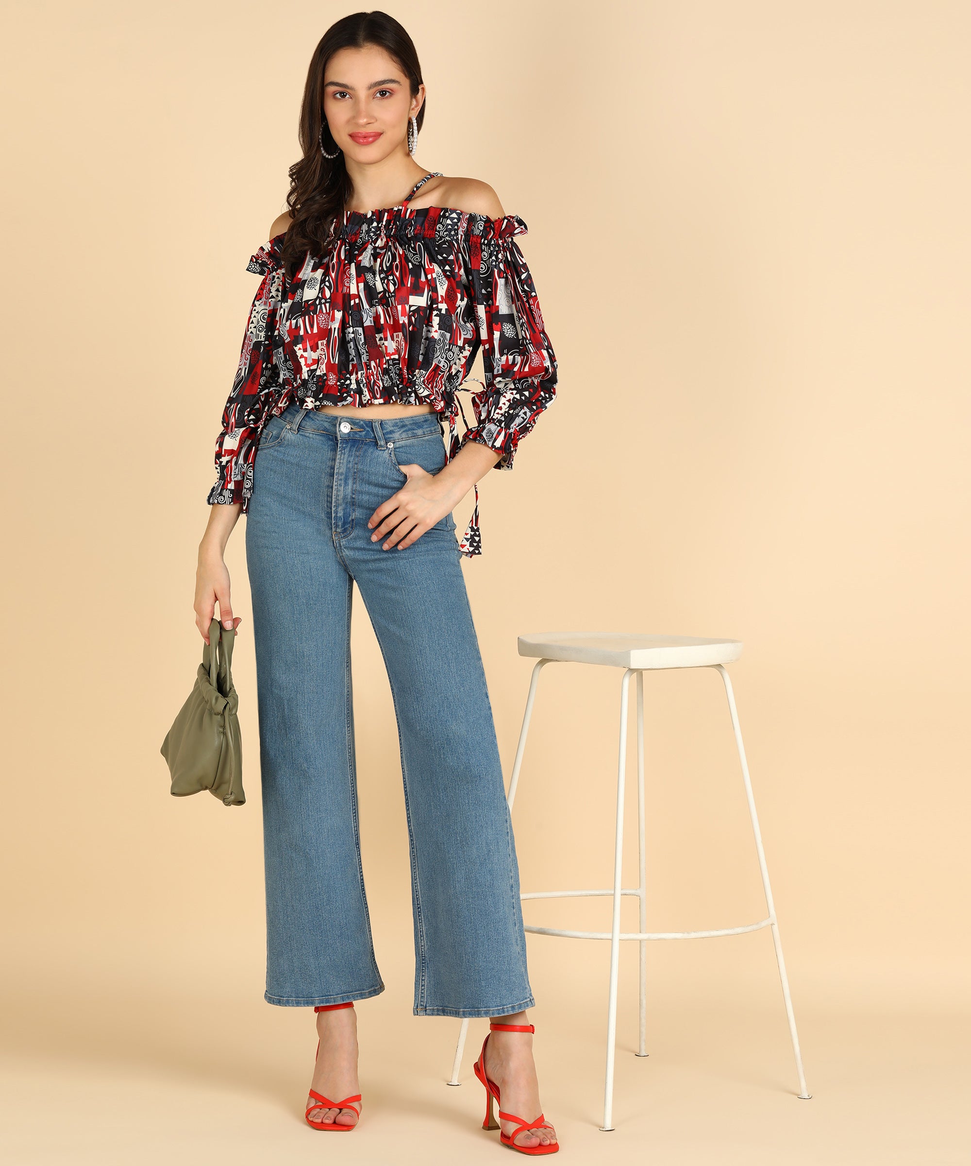 Black & Red Printed Off Shoulder Top