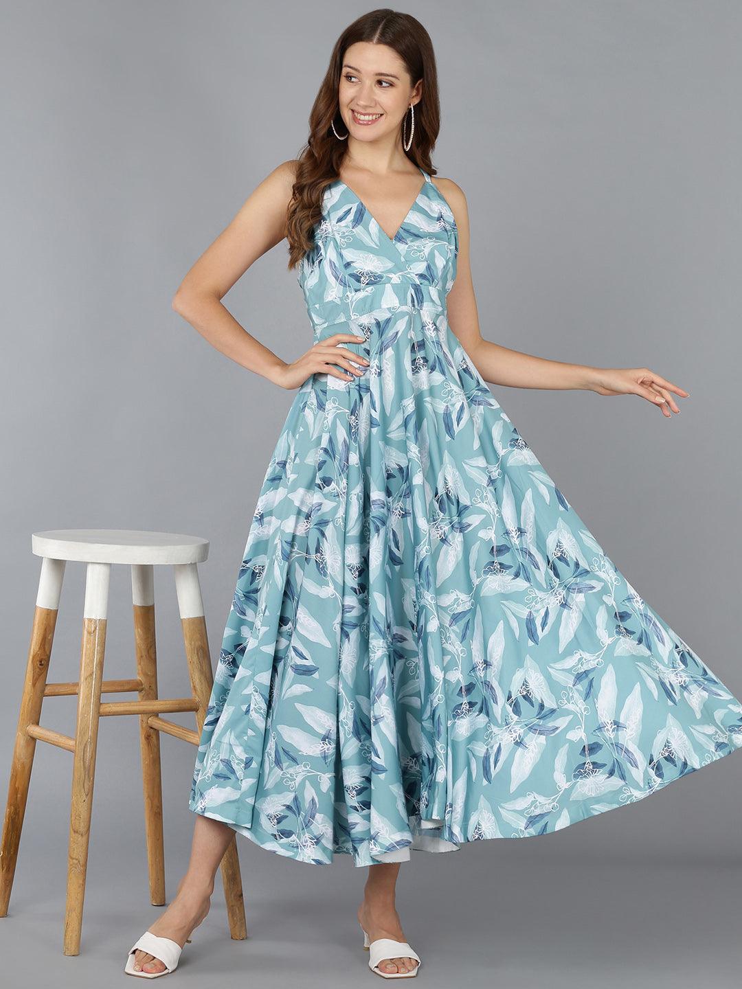 Light Blue Leaf Printed Flared Dress - Znxclothing