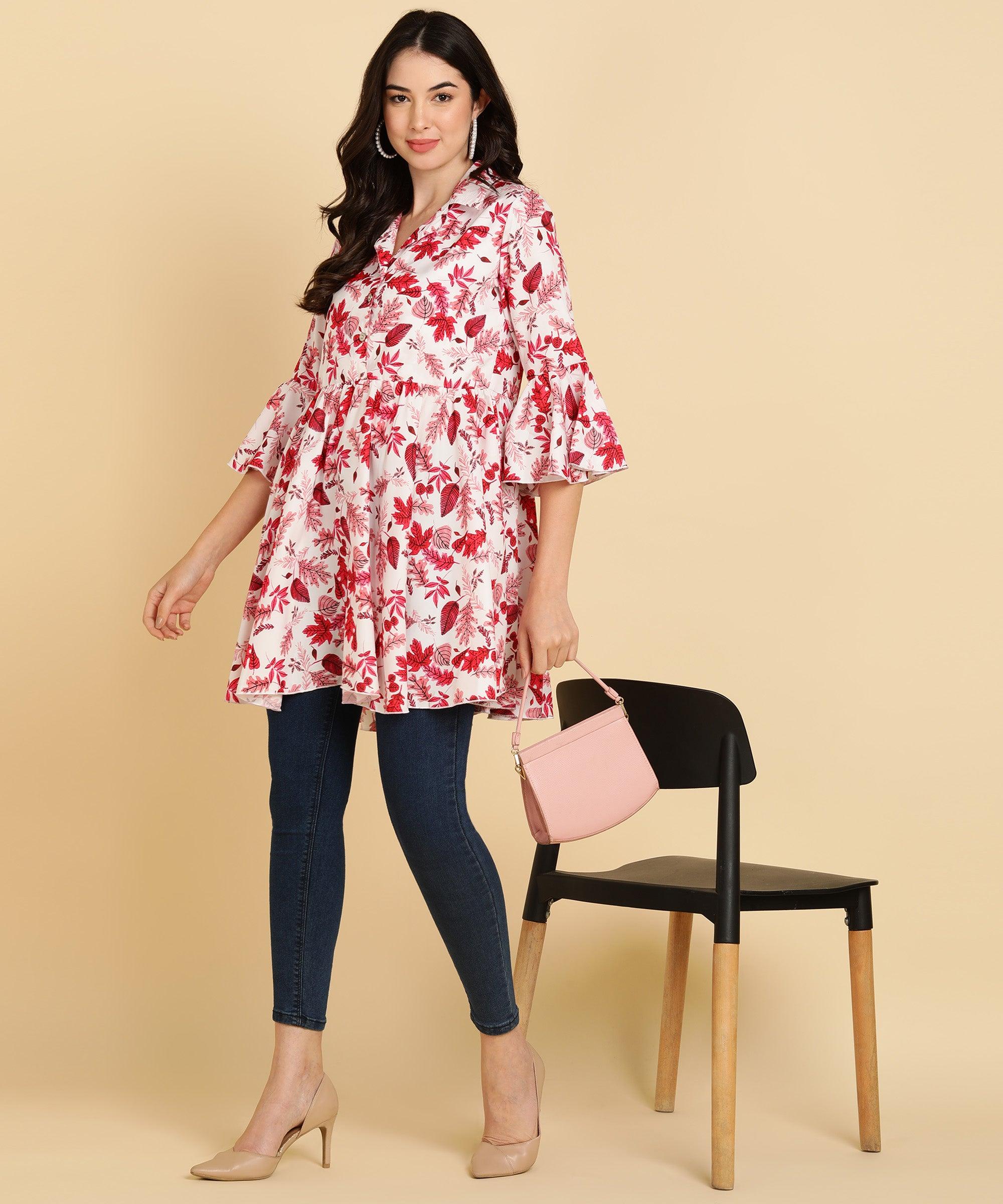 Pink Tropical Printed White Long Top - Znxclothing