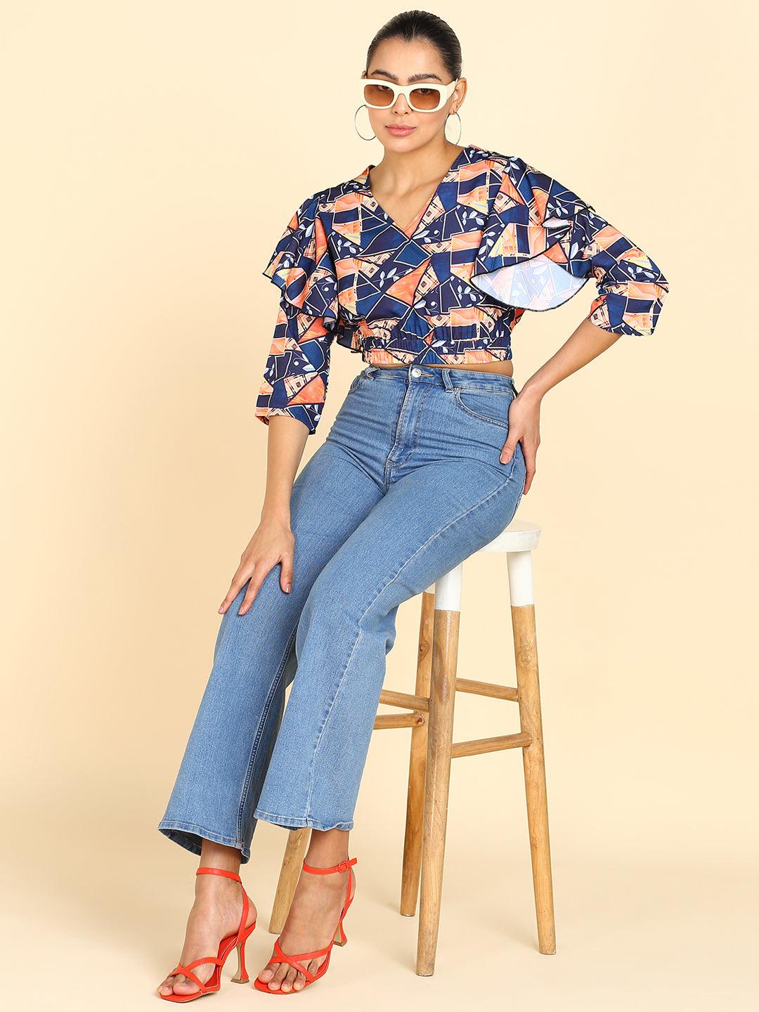 Geometric Printed Blue Blouson Crop Top - Znxclothing