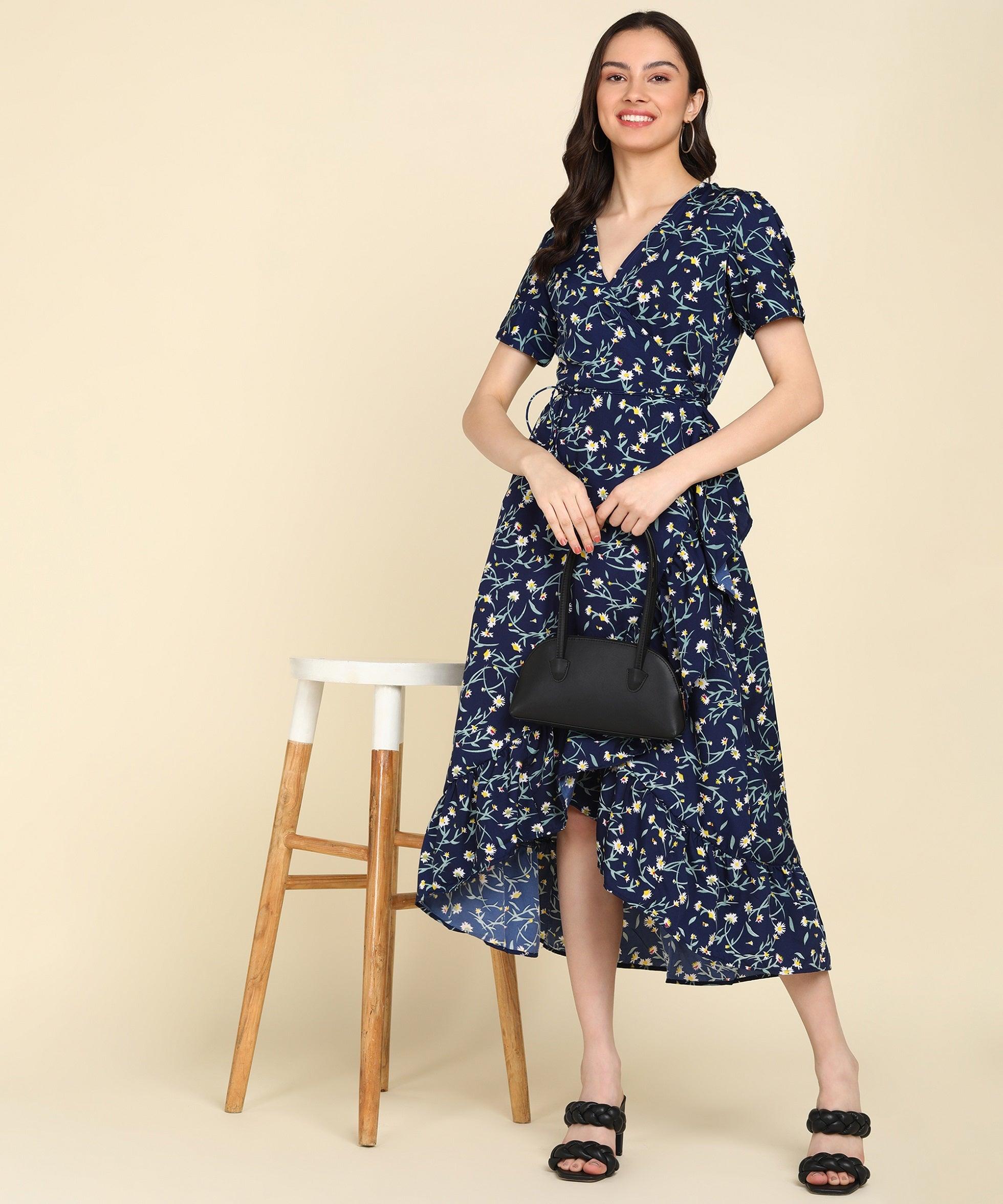 Blue Floral Printed Frill Dress - Znxclothing