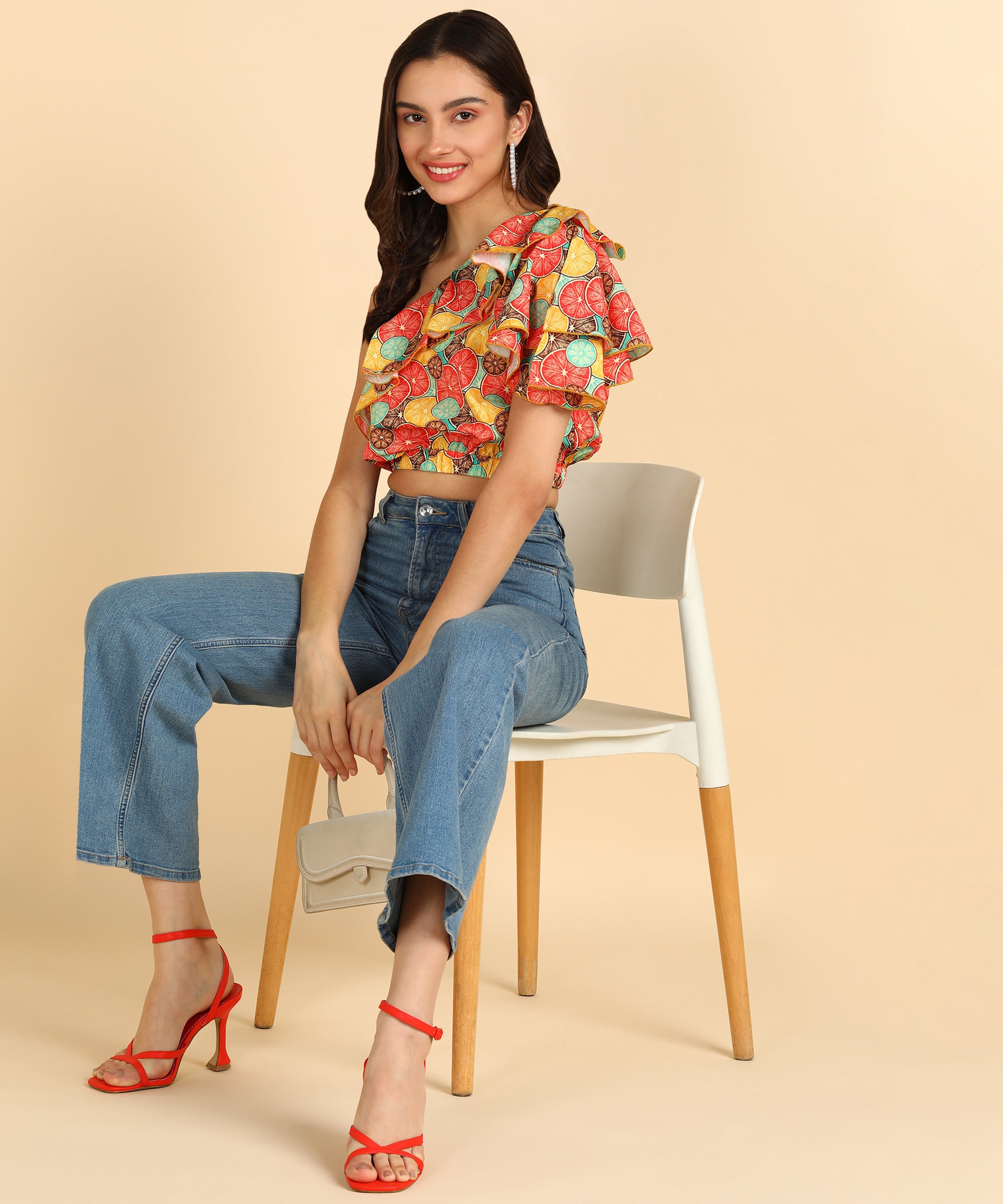 Orange Printed One Shoulder Stylish Sleeve Top