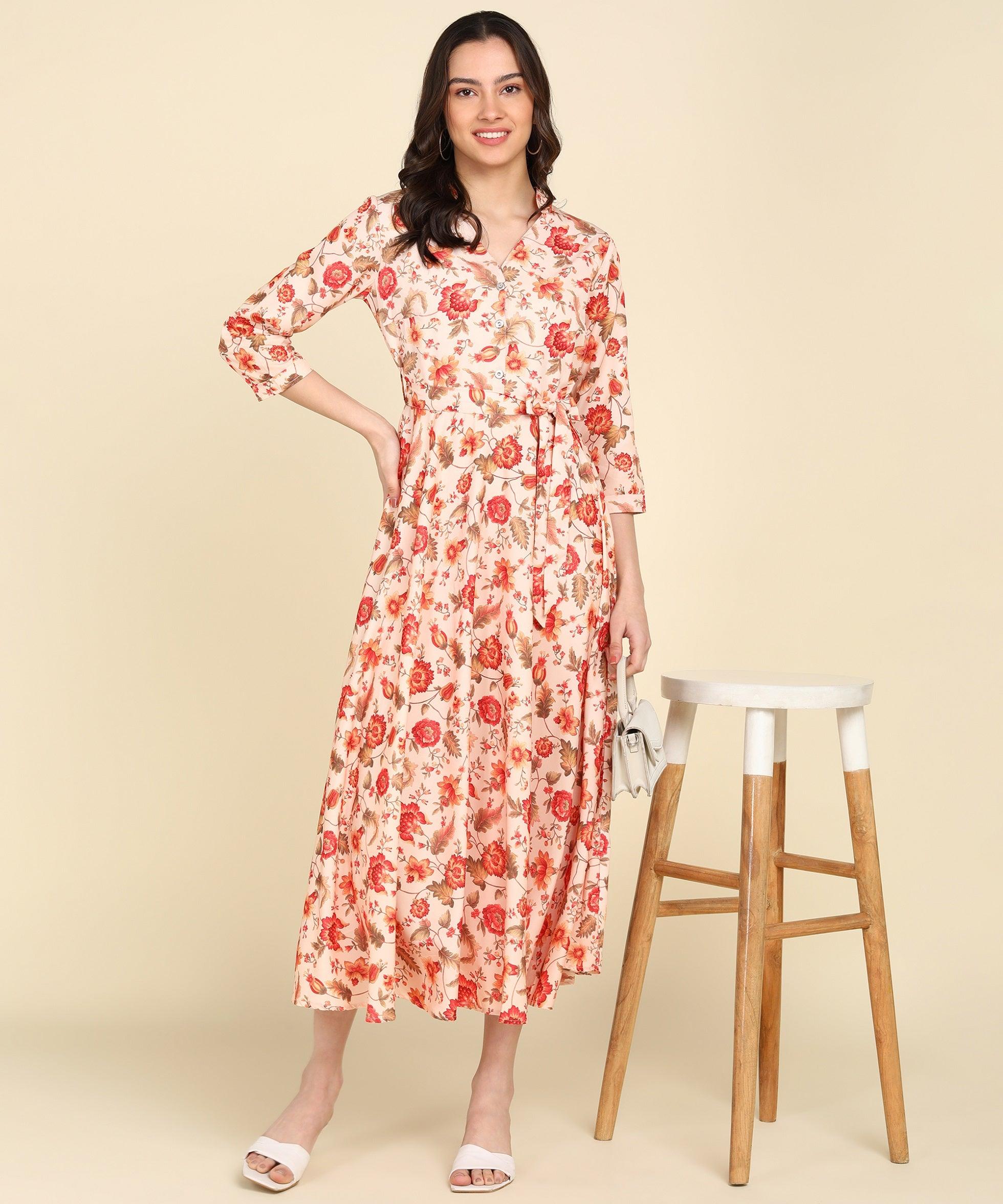 Red Floral Printed Beige Flared Dress - Znxclothing