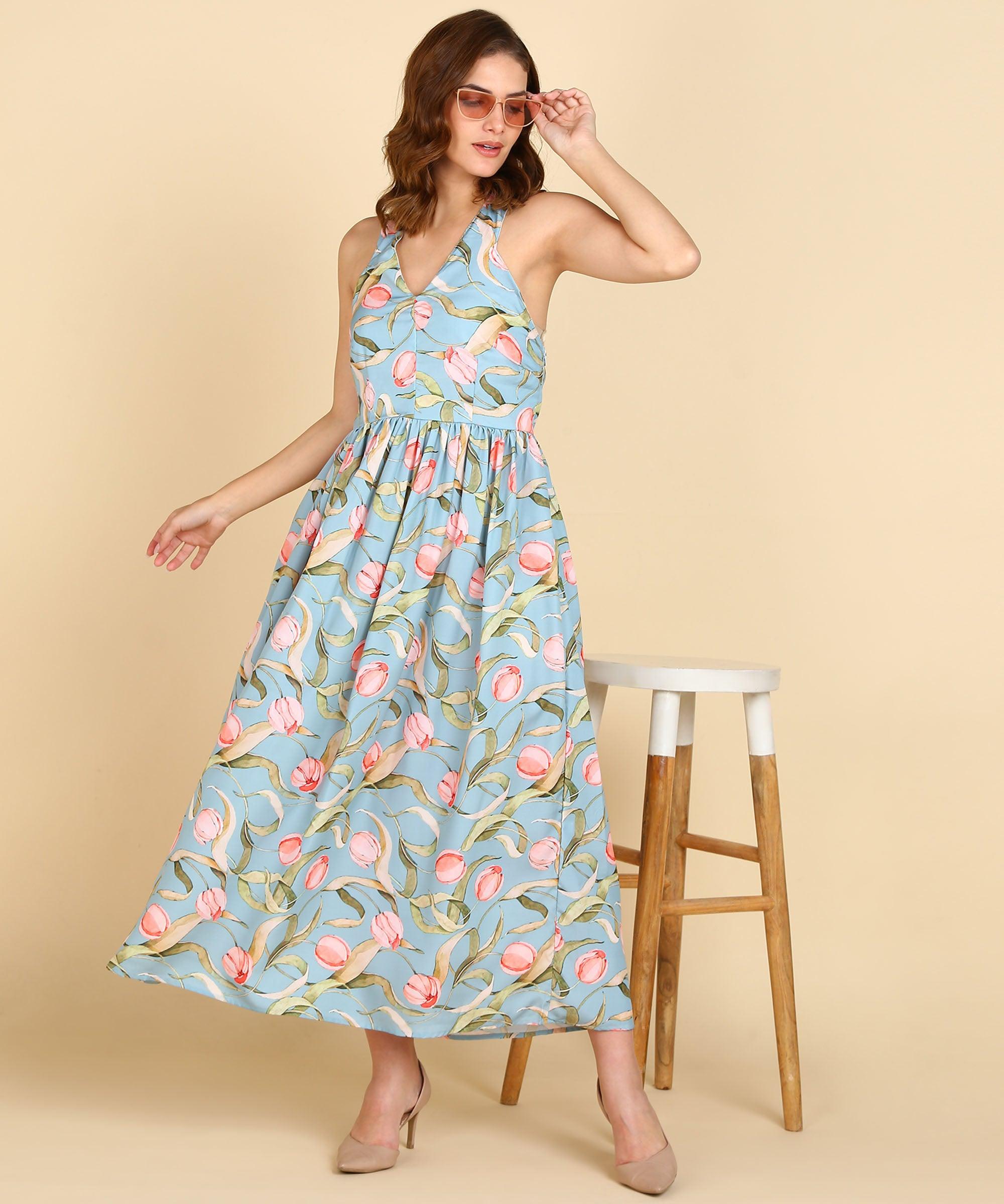 Floral Printed Sea Green Halter Neck Dress - Znxclothing