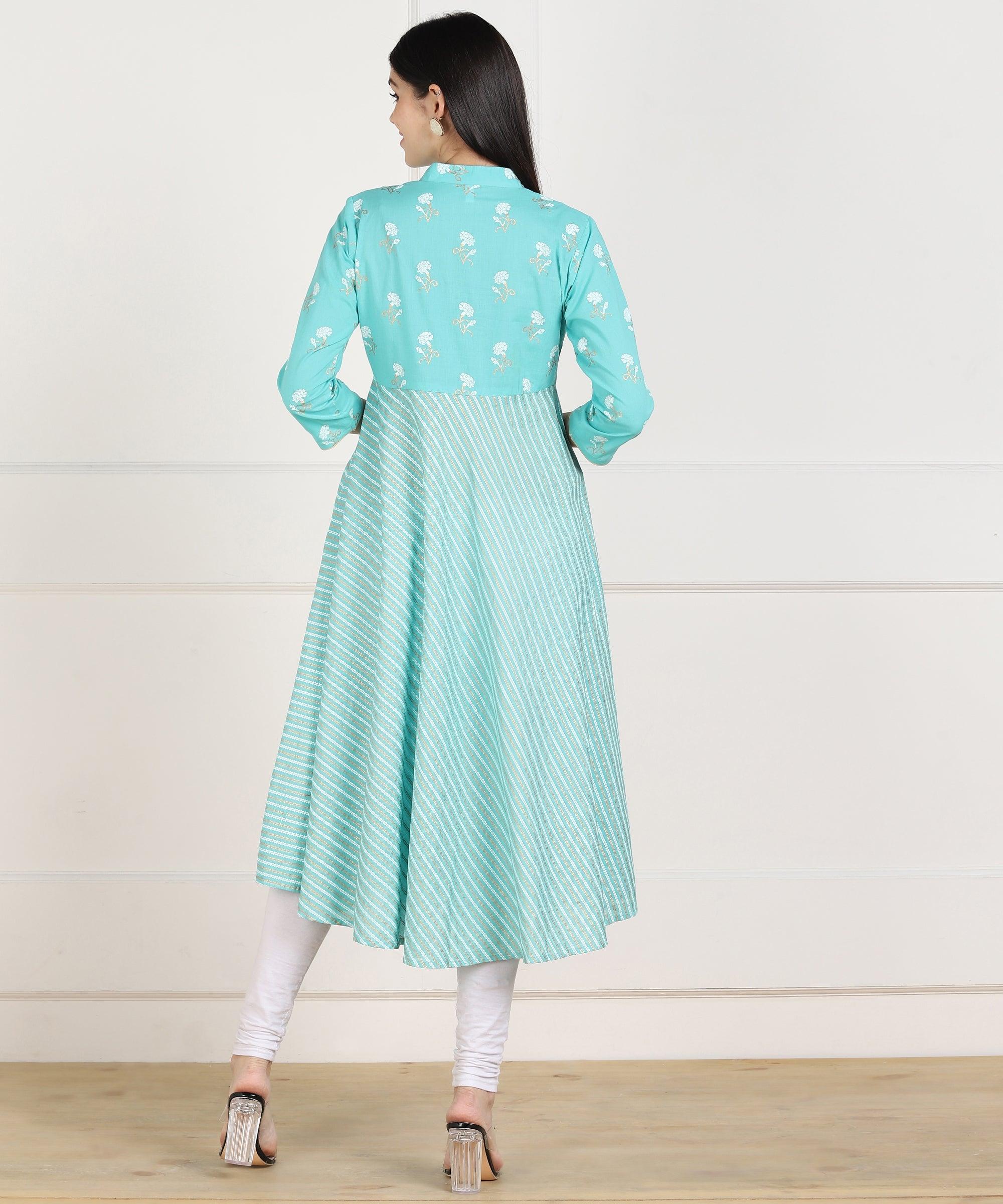 Znx Women Blue Stripe Printed Flared Kurta - Znxclothing