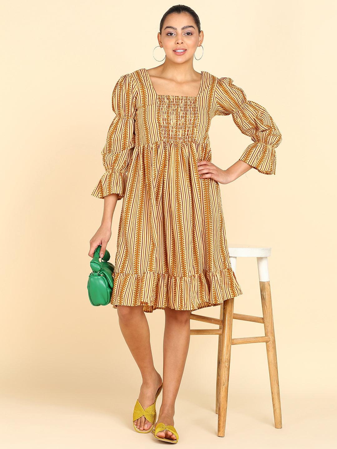 Brown Leaf Strip Printed Smocked Yellow Dress - Znxclothing