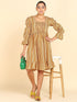 Brown Leaf Strip Printed Smocked Yellow Dress - Znxclothing