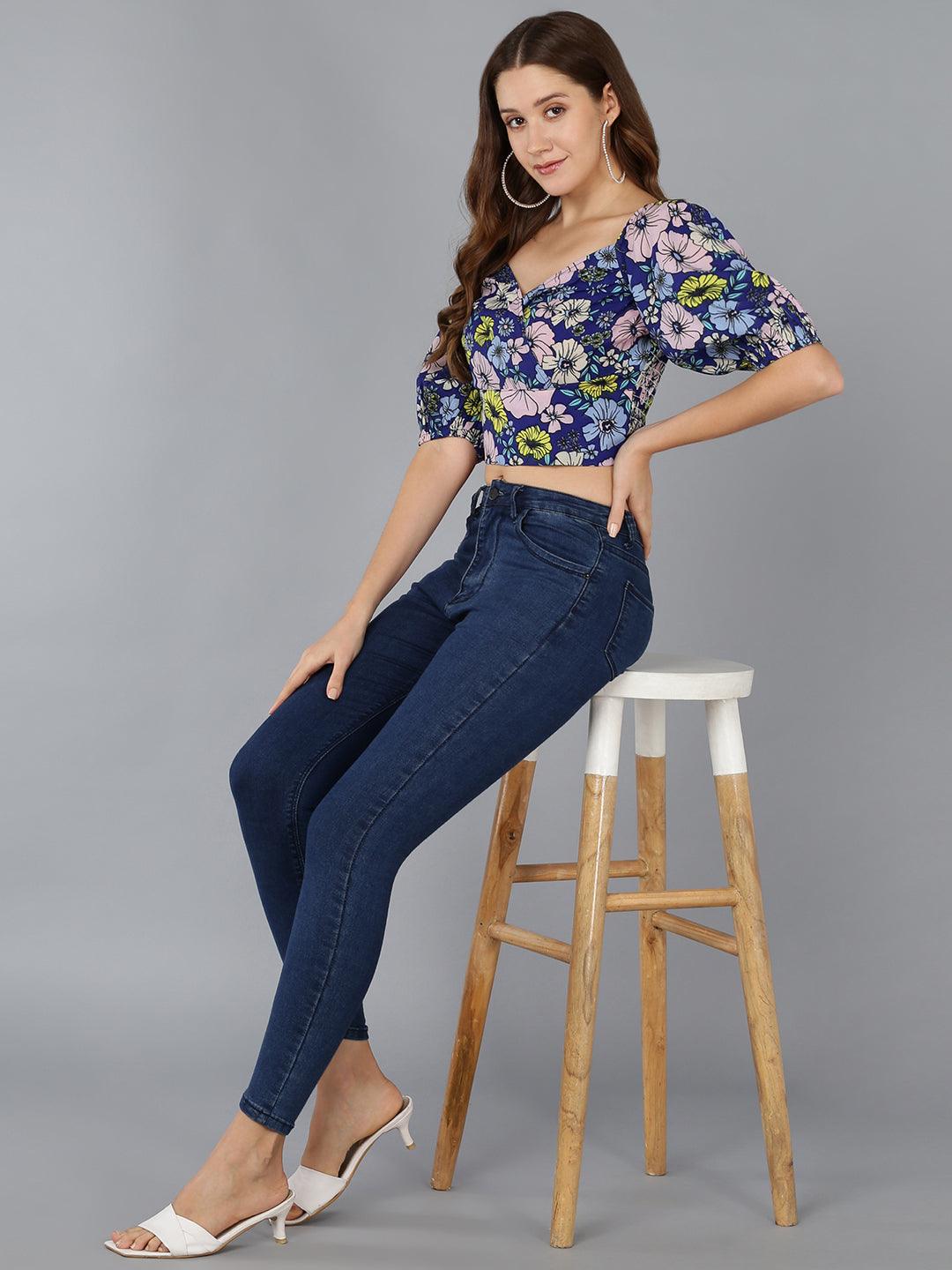 Smocked Floral Printed Blue Crop Top - Znxclothing