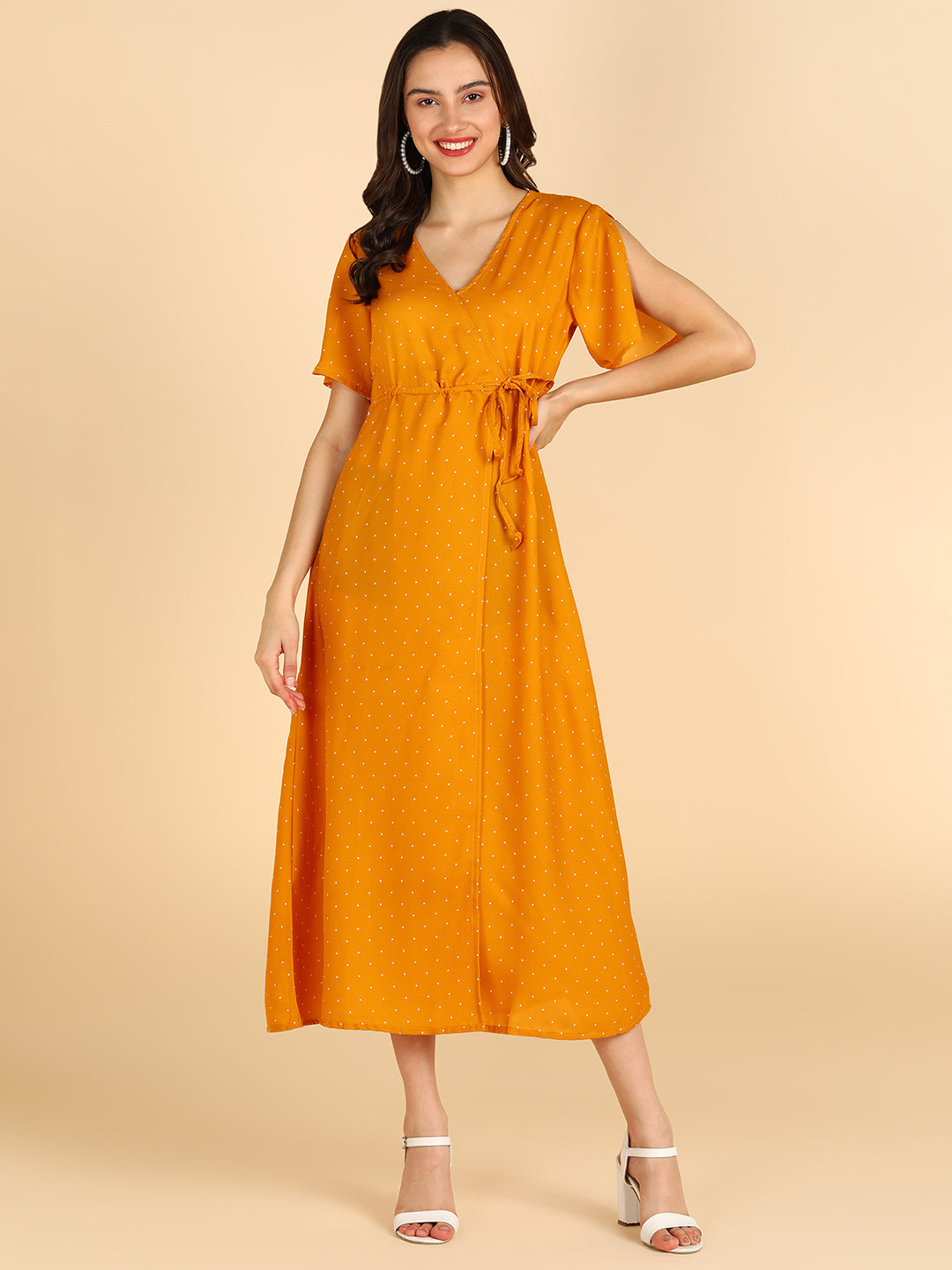 White Polka Printed Yellow Fornt Slit Dress