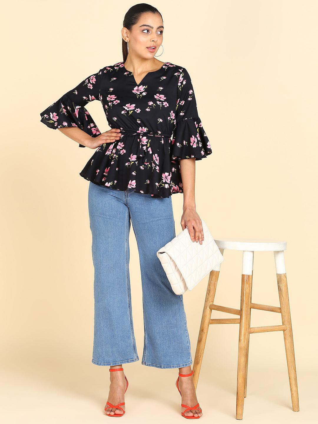 Floral Printed Black Empire Top - Znxclothing