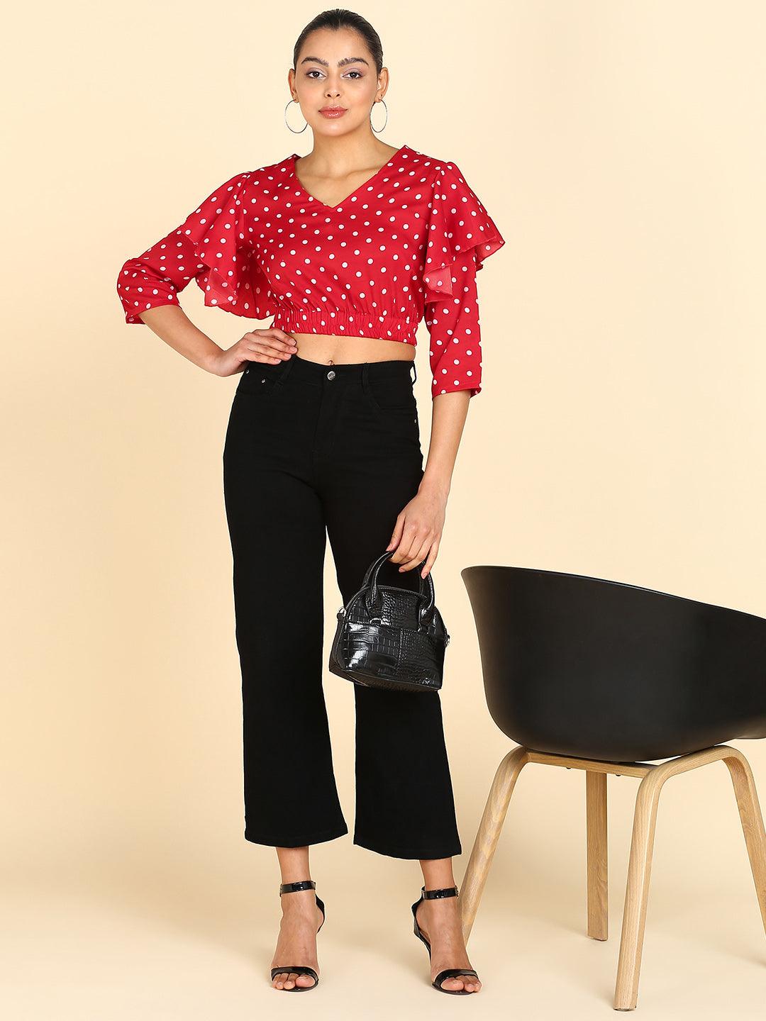 Polka Dots Printed Red Blouson Crop Top - Znxclothing