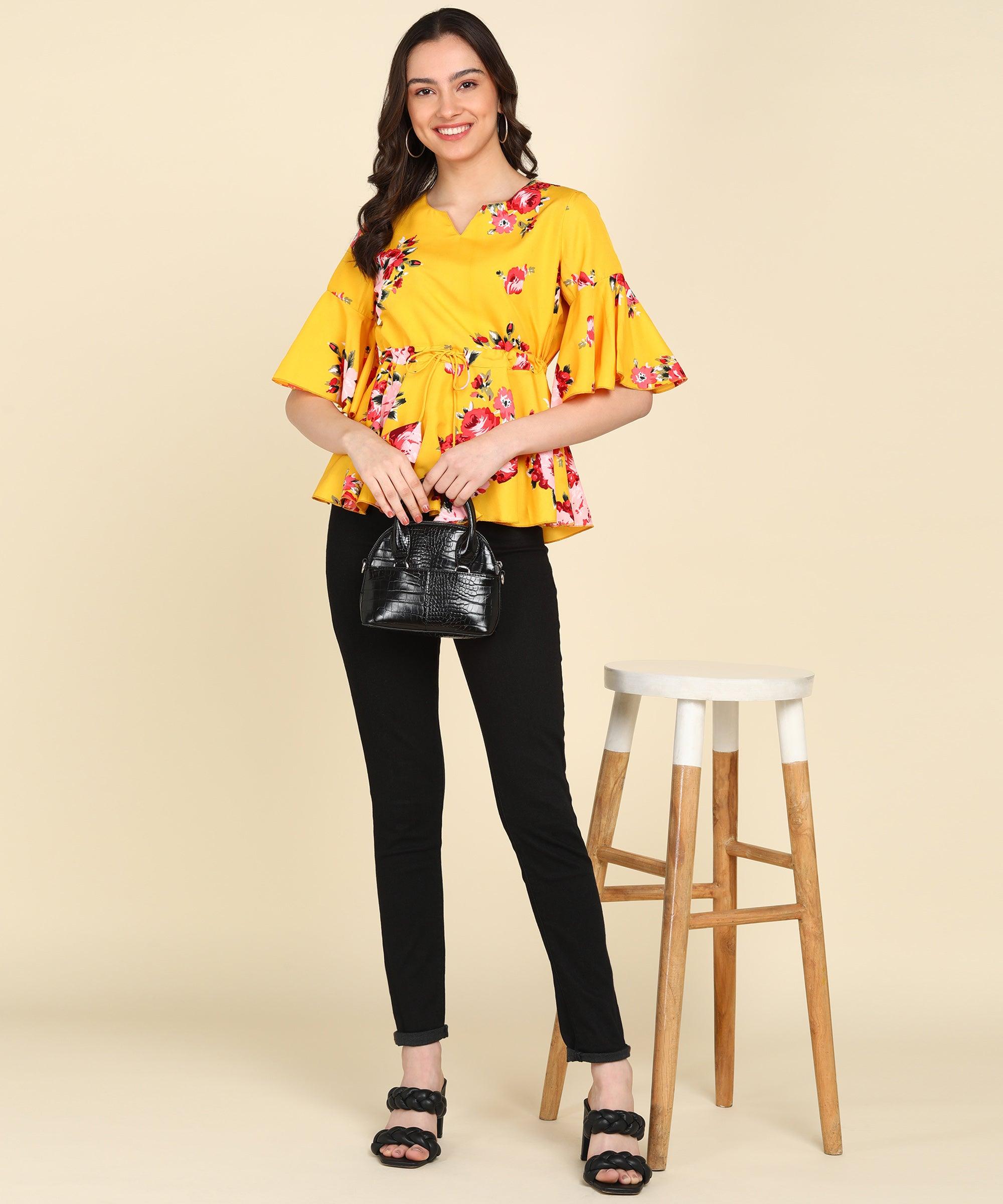 Floral Prinatd Yellow Top - Znxclothing