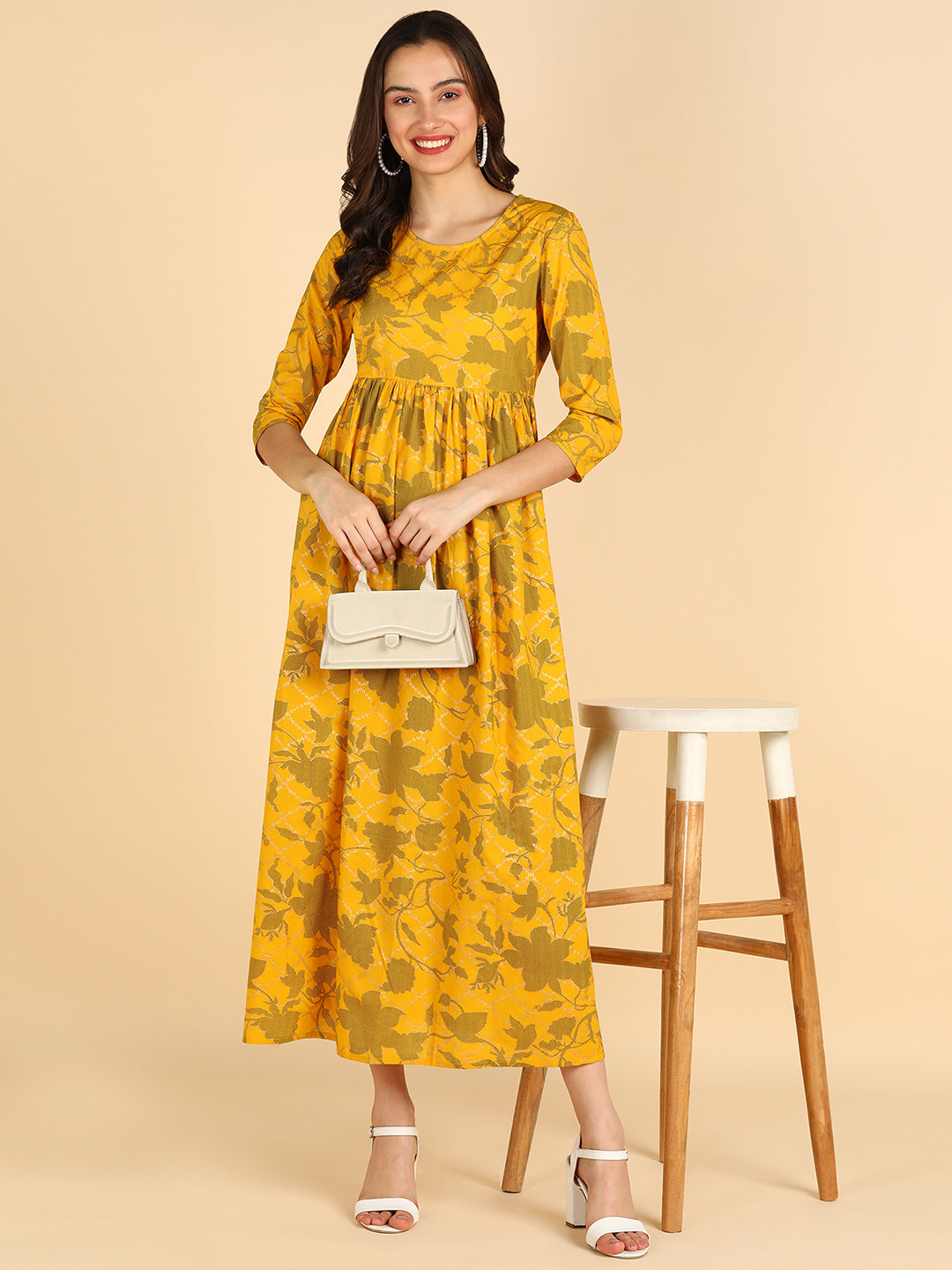 Gold & Green Floral Printed Yellow Dress