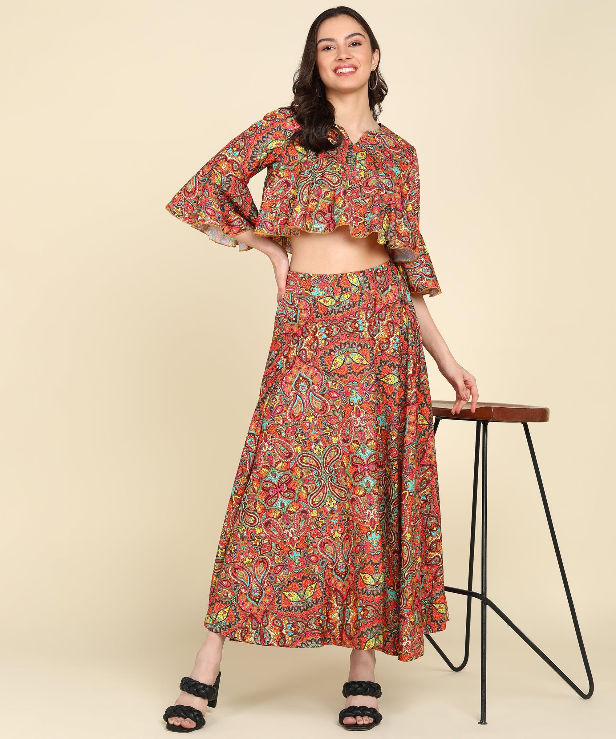 Mutlicolor Printed Skirt With Bell Sleeve Crop top - Znxclothing