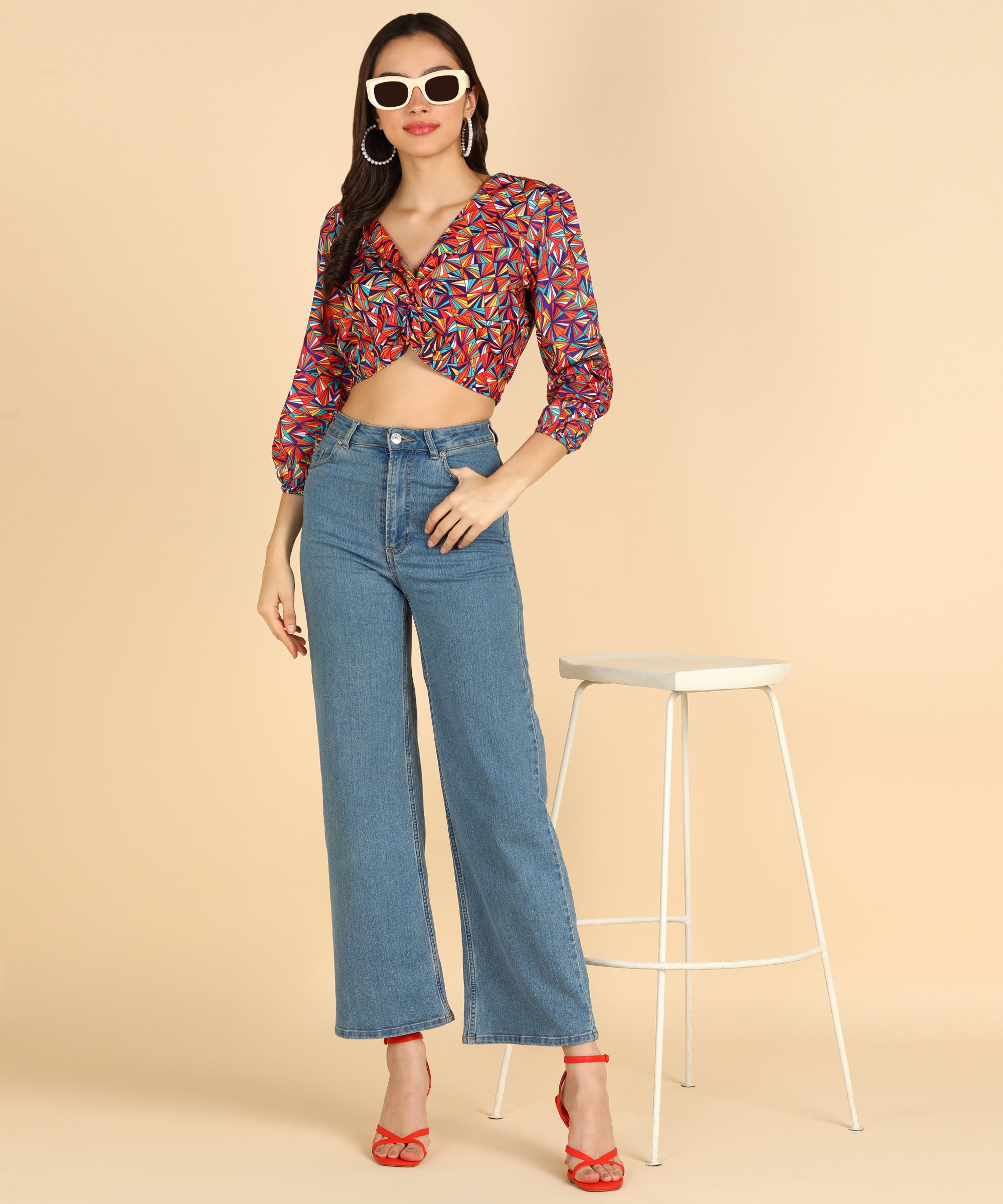 Multicolor Printed Front Knot Stylish Crop Top