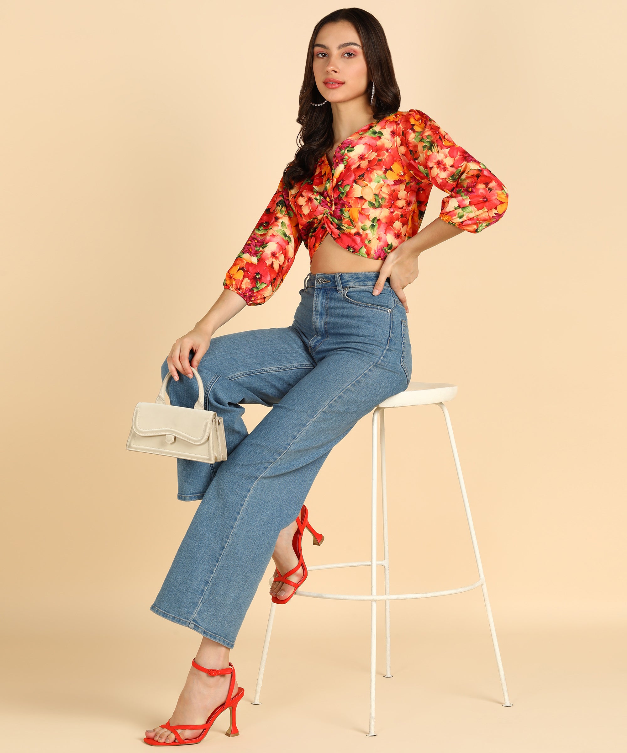 Orange Color Printed Front Knot Stylish Crop Top