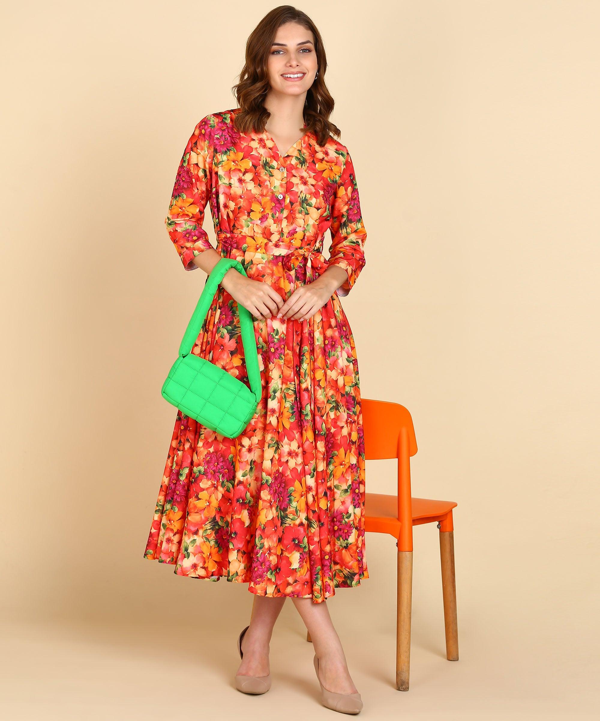 Orange Floral Printed Flared Dress - Znxclothing