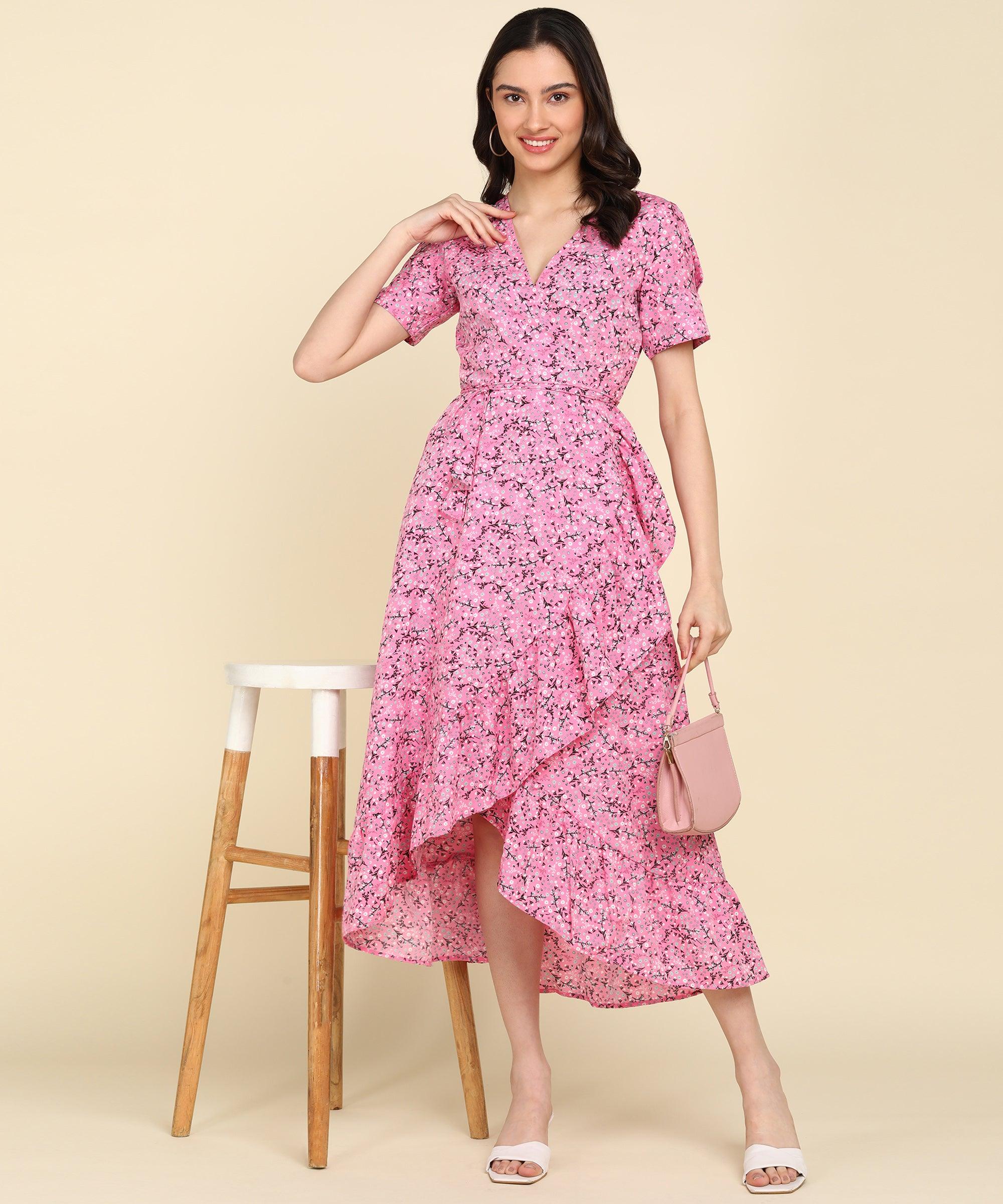 Pink Floral Printed Frill Dress - Znxclothing